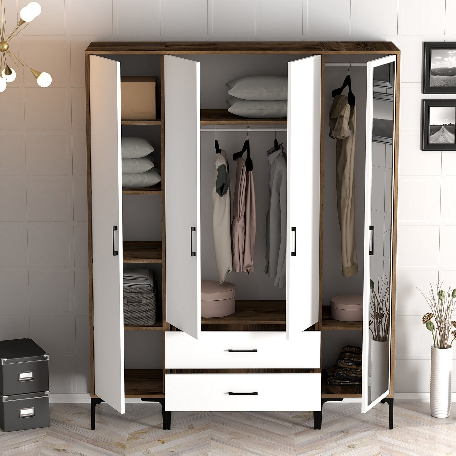 Sifonier, Hanah Home, pal melaminat, nuc si alb, 160x47.5x201.4 cm, 845HCT5495 — imaginea 4