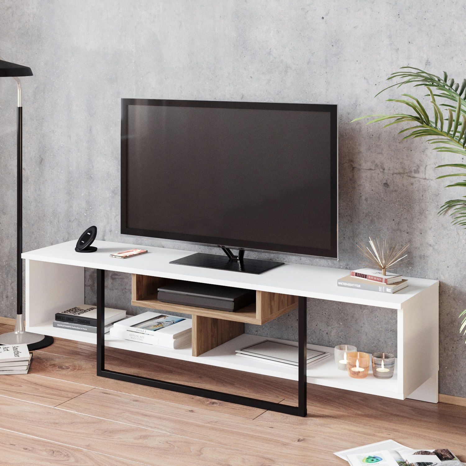 Comoda tv, Hanah Home, pal melaminat, alb negru stejar, 149.4x35.2x40.2 cm — imaginea 3