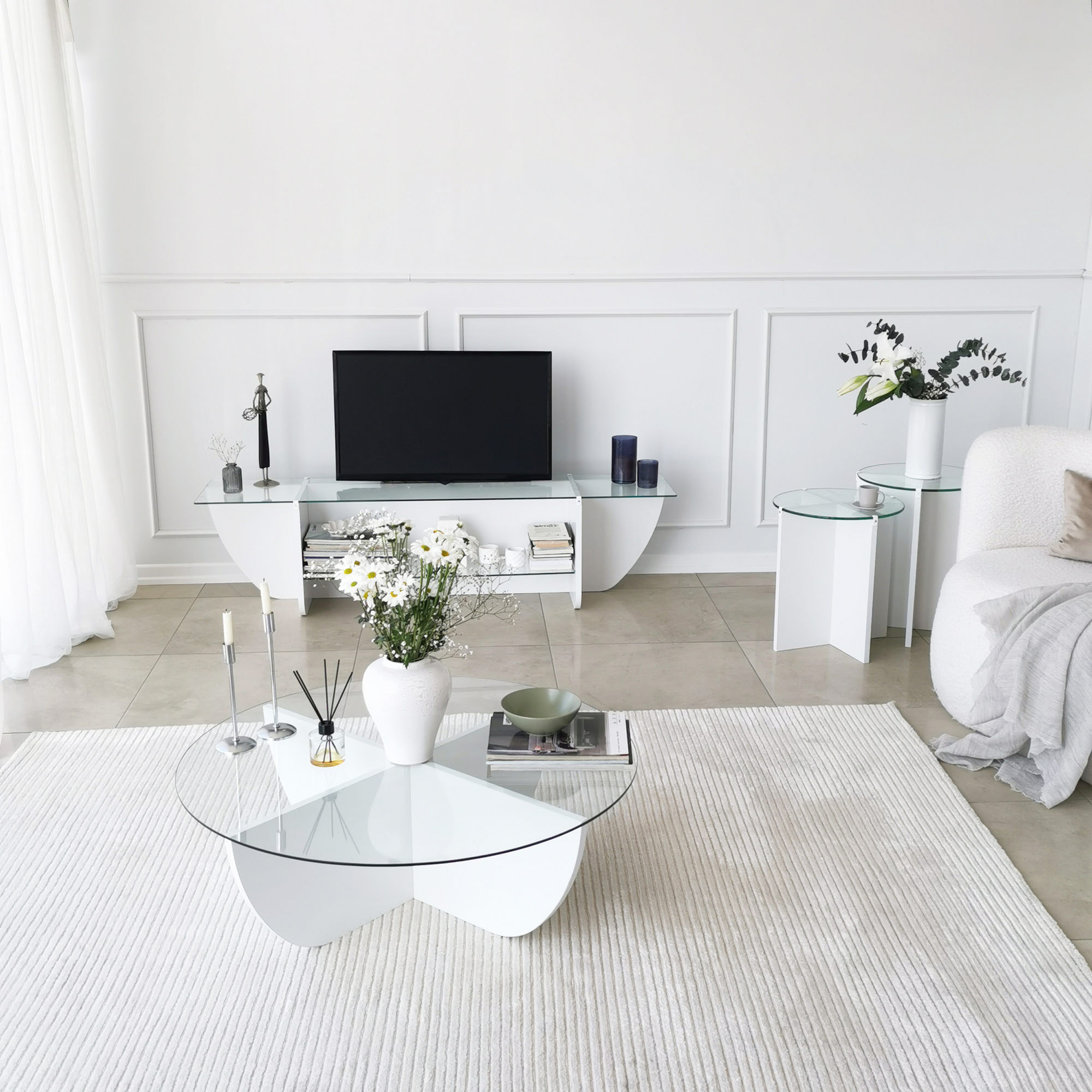Comoda tv, Hanah Home, sticla calita, alb, 158x40x35 cm — imaginea 2