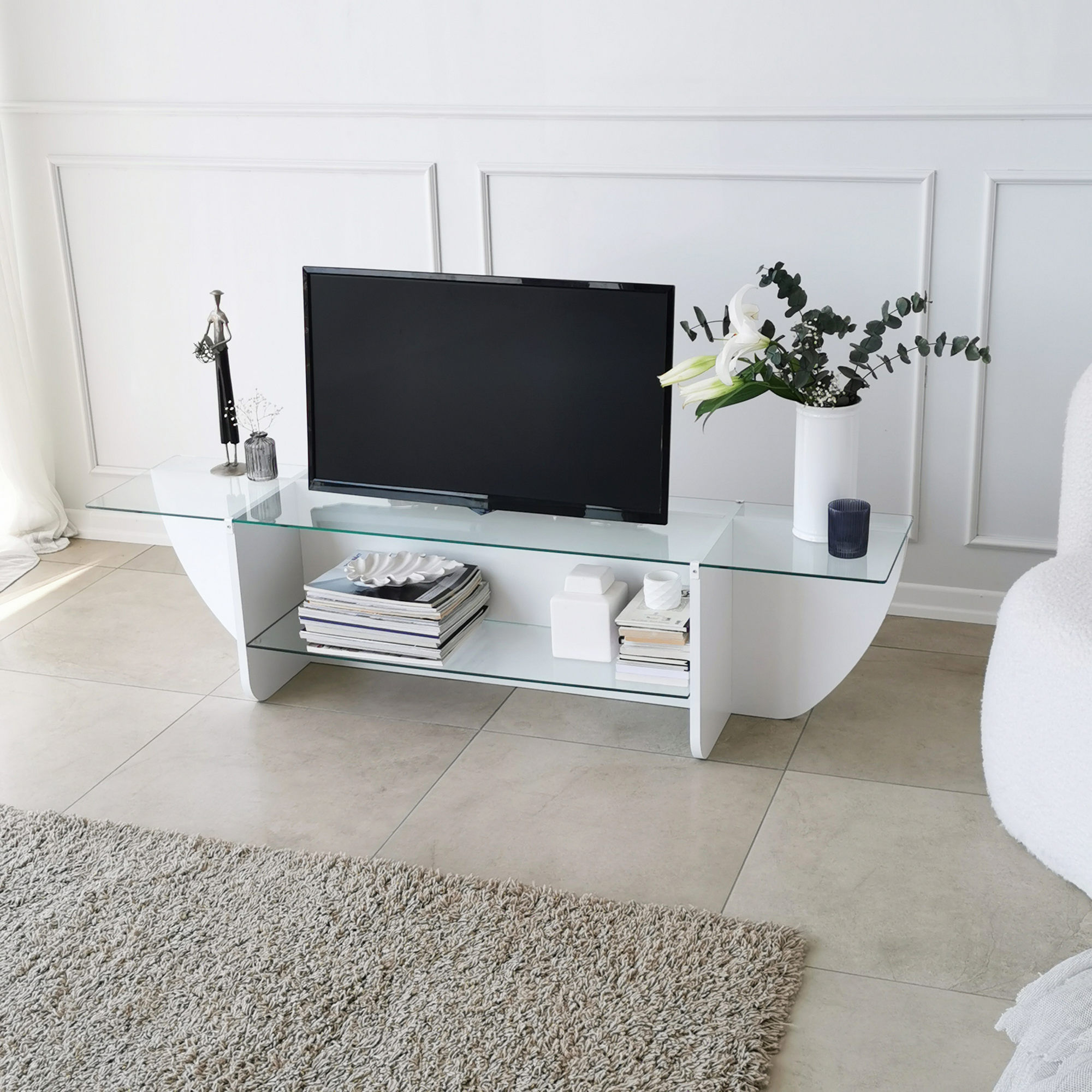 Comoda tv, Hanah Home, sticla calita, alb, 158x40x35 cm — imaginea 4
