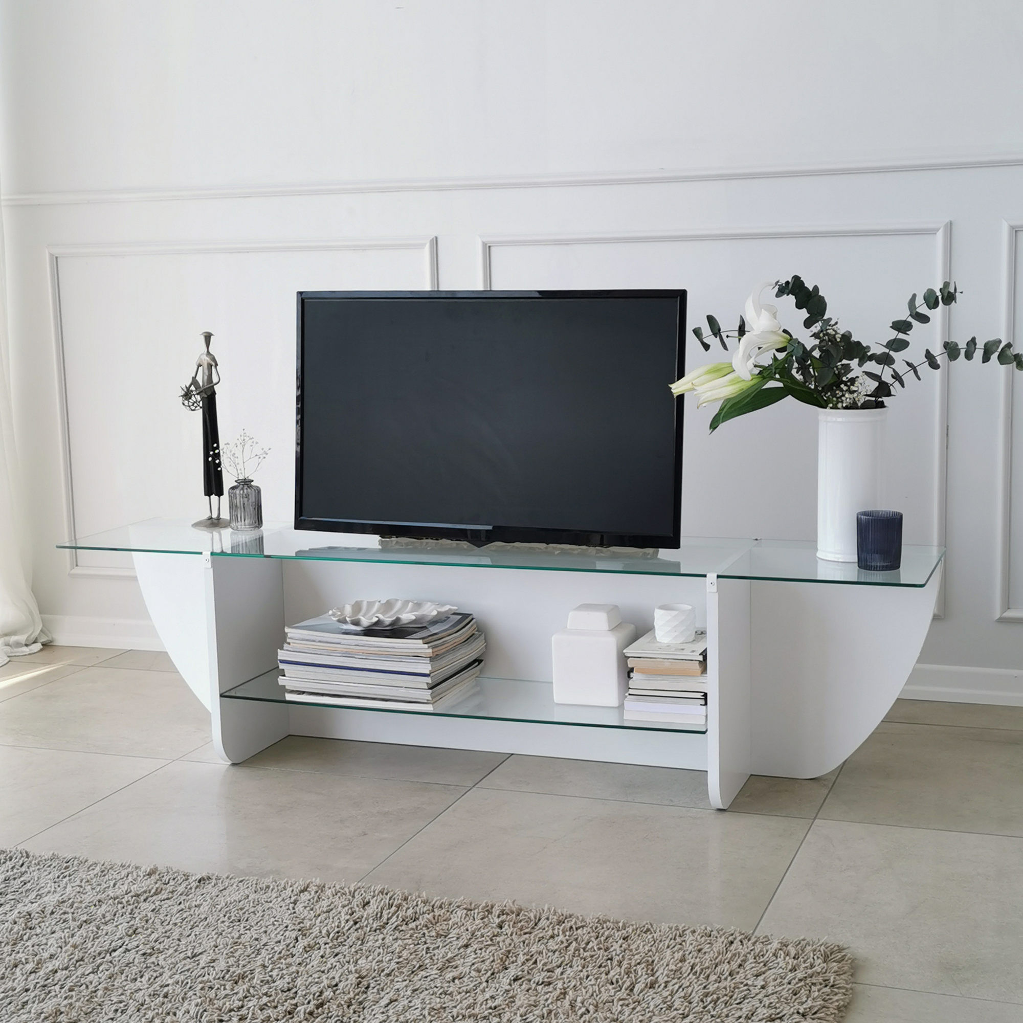Comoda tv, Hanah Home, sticla calita, alb, 158x40x35 cm — imaginea 5