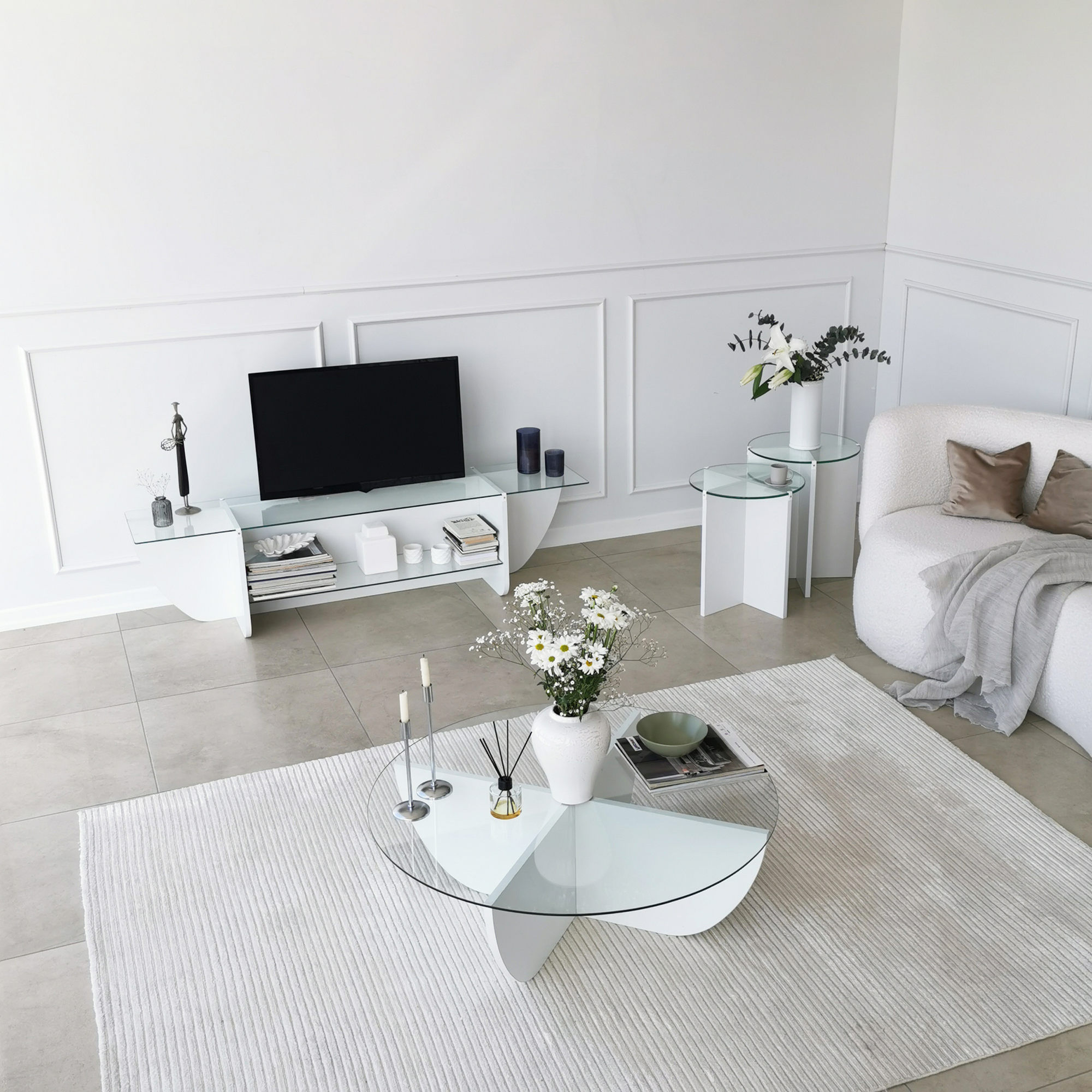 Comoda tv, Hanah Home, sticla calita, alb, 158x40x35 cm — imaginea 7