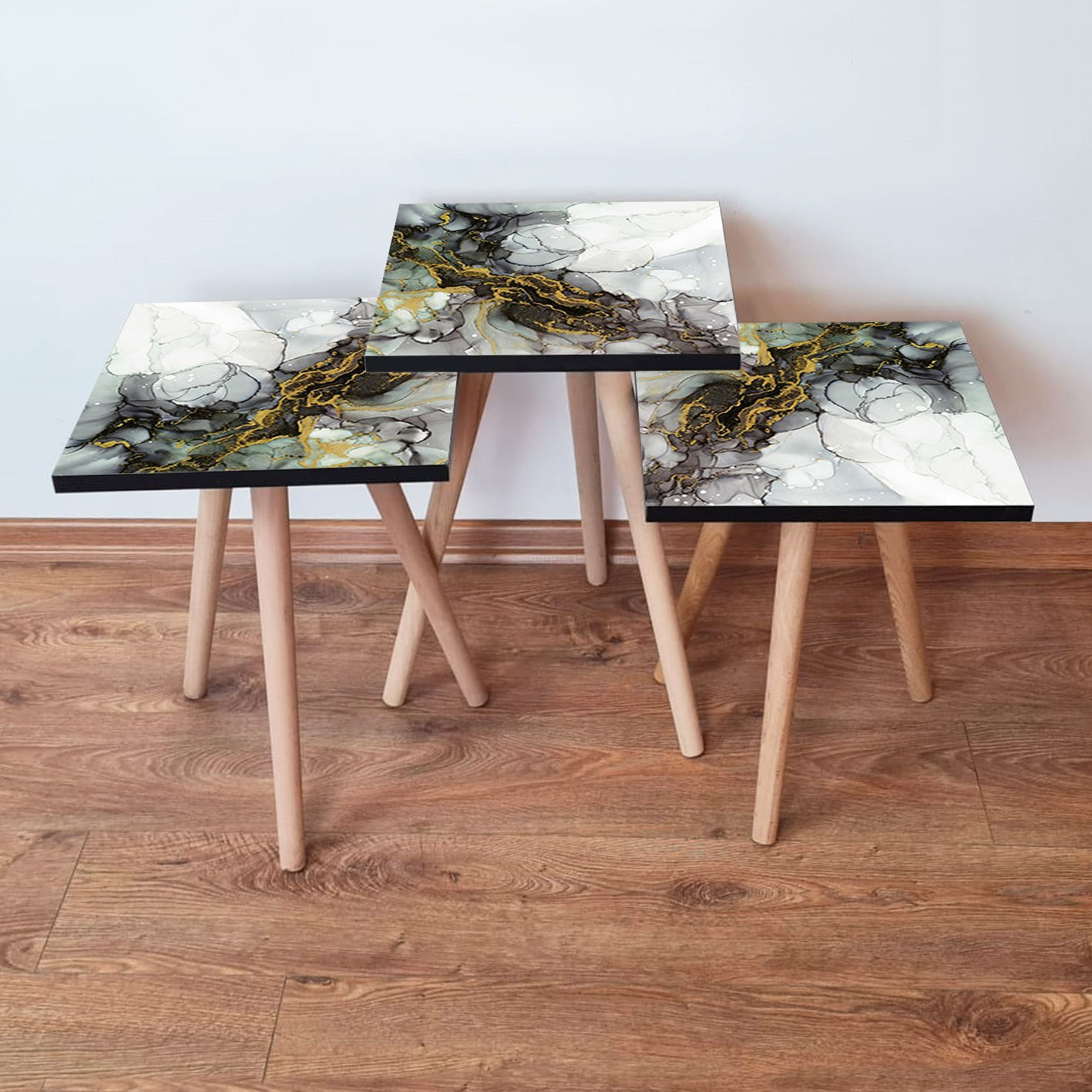 Set mese cuib, Hanah Home, mdf, alb gri auriu mustar, 35x35x52 cm