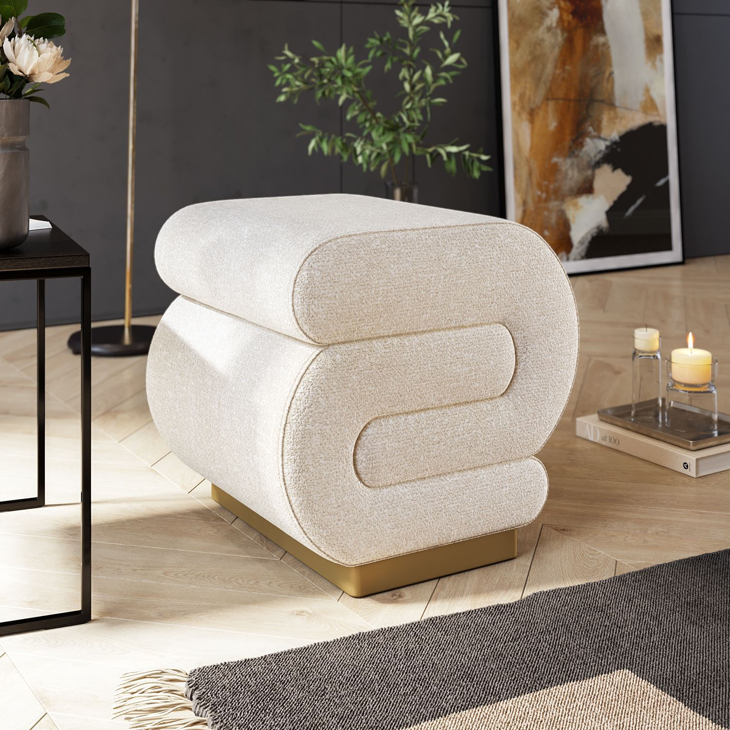 Taburet, Atelier Del Sofa, spuma, crem, 40x42x42 cm