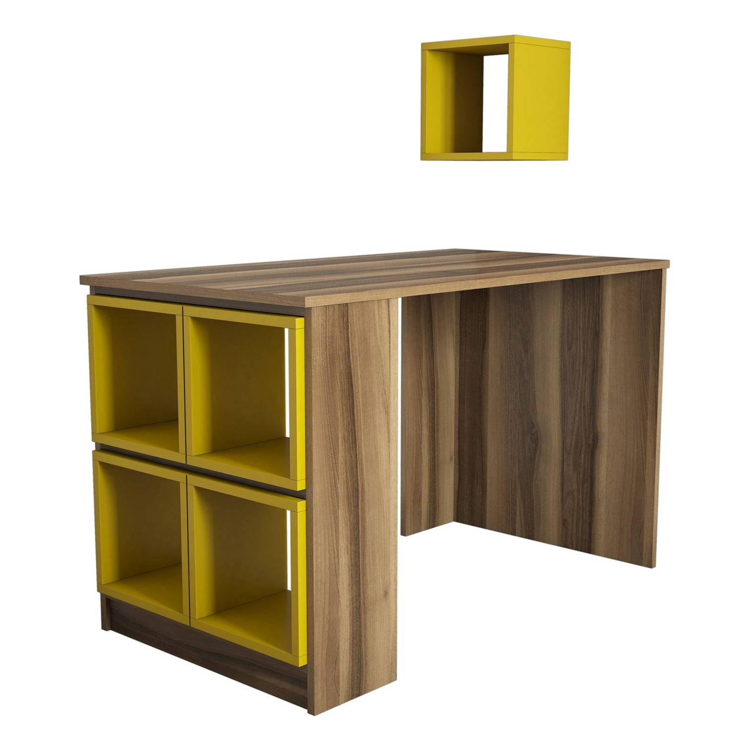 Birou de studiu, Hanah Home, pal melaminat, nuc si galben, 120x65x75 cm