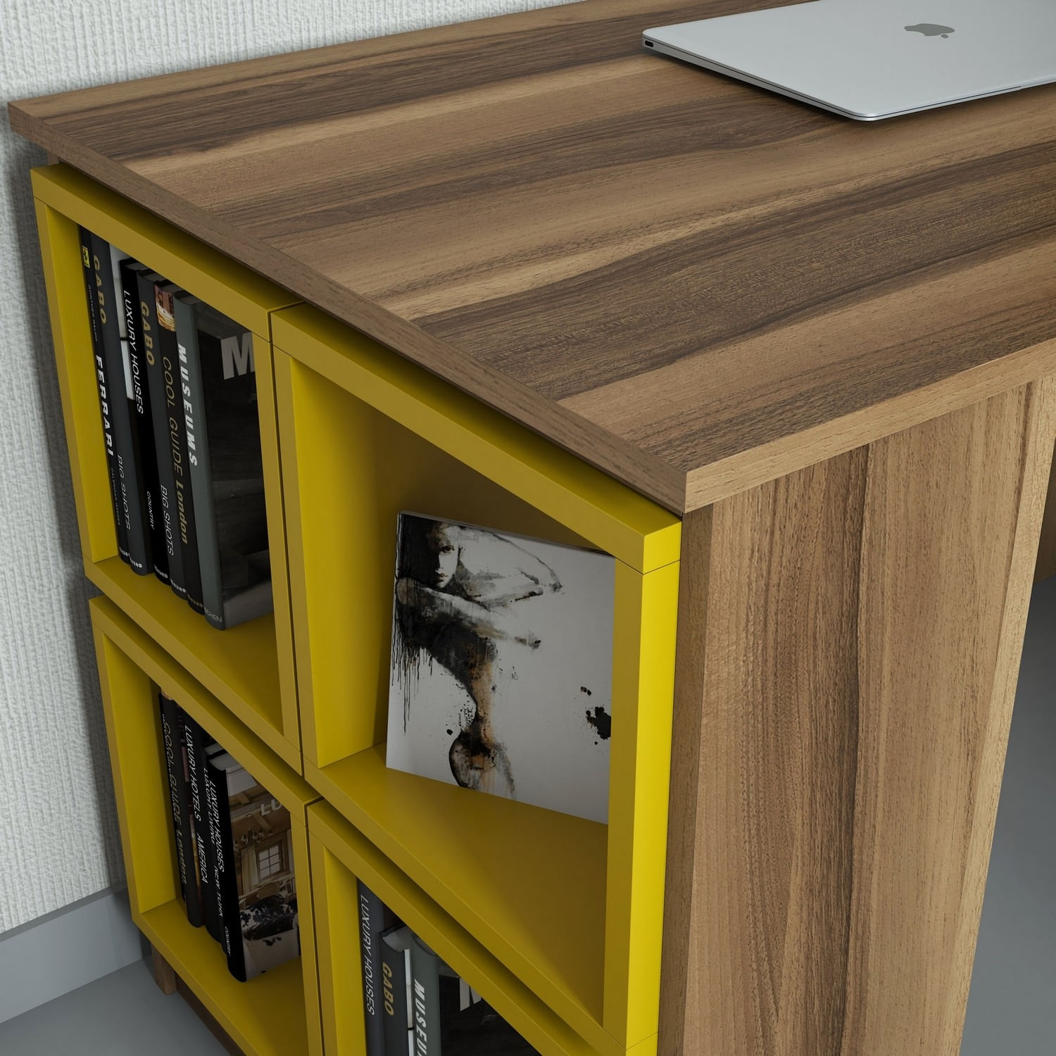Birou de studiu, Hanah Home, pal melaminat, nuc si galben, 120x65x75 cm — imaginea 2