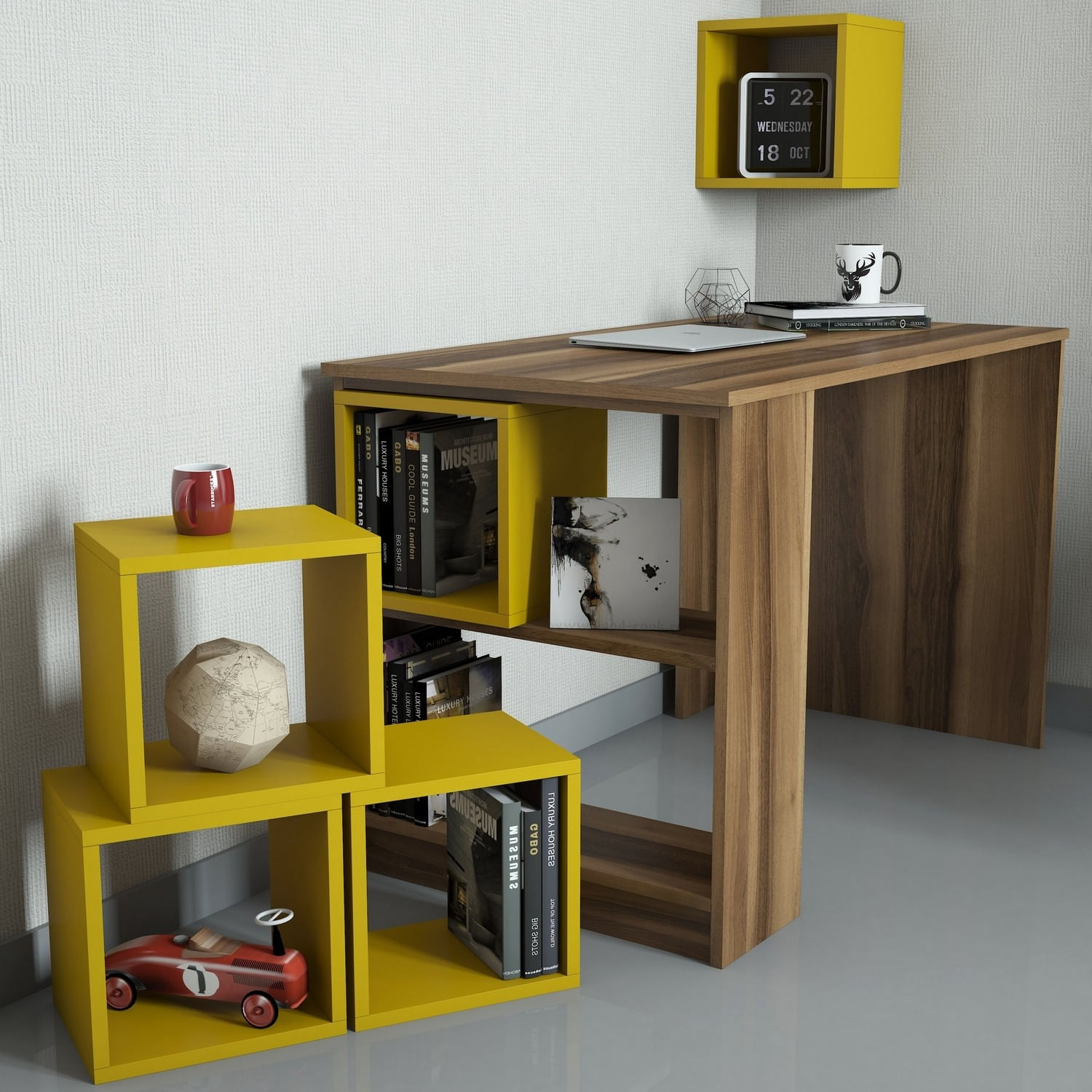 Birou de studiu, Hanah Home, pal melaminat, nuc si galben, 120x65x75 cm — imaginea 3