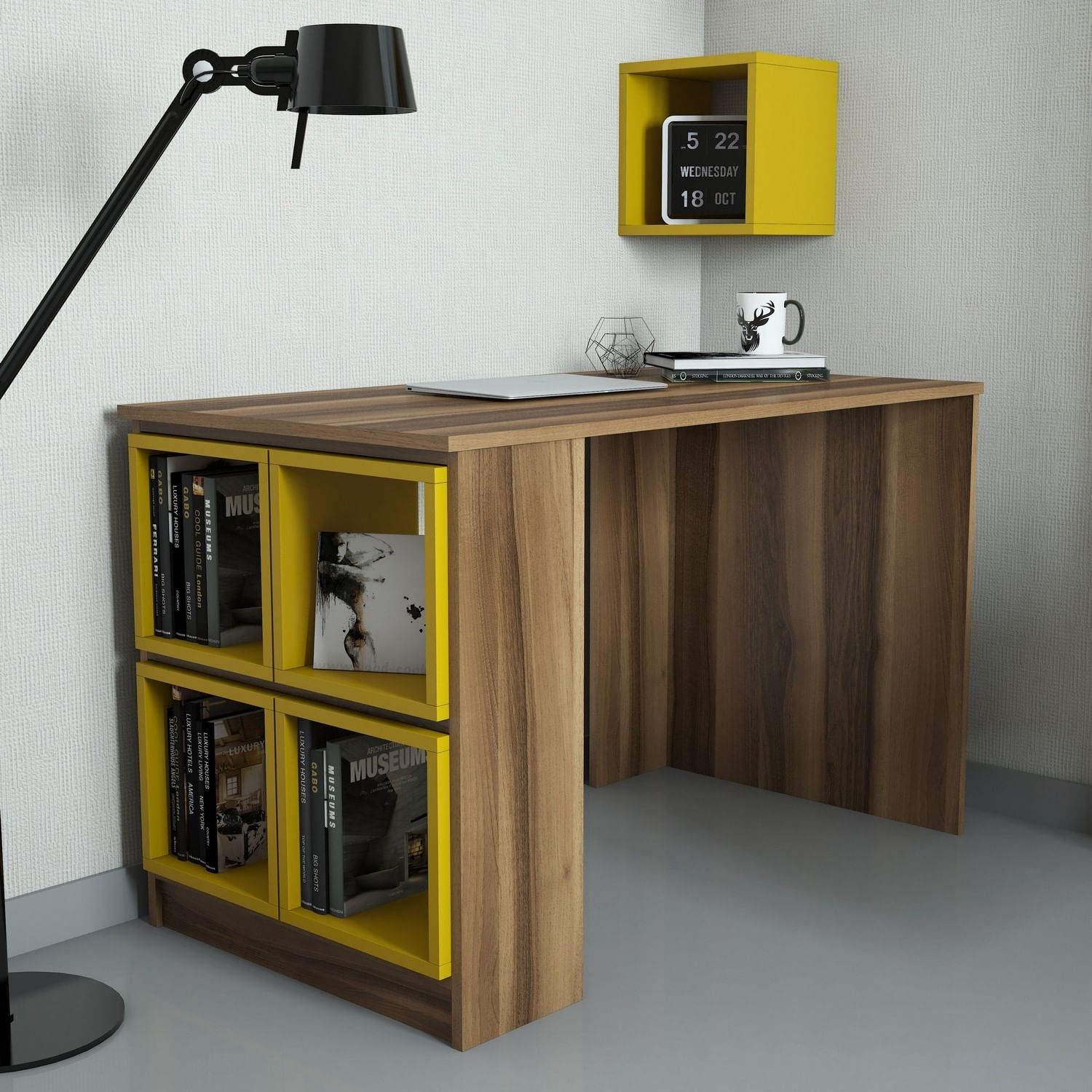 Birou de studiu, Hanah Home, pal melaminat, nuc si galben, 120x65x75 cm — imaginea 5