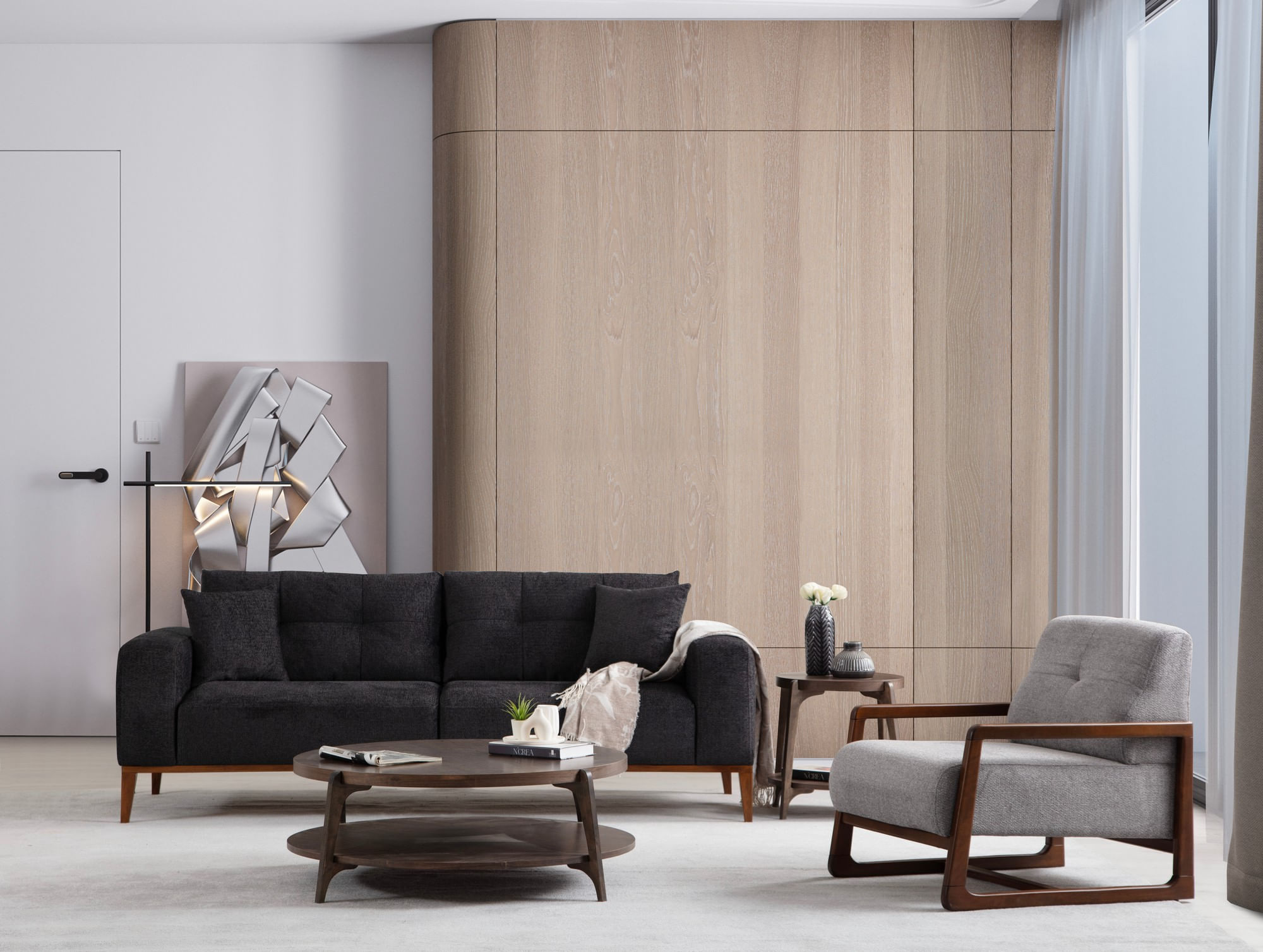 Fotoliu, Atelier Del Sofa, material textil, gri deschis, picioare lemn nuc, 67x77x80 cm — imaginea 3
