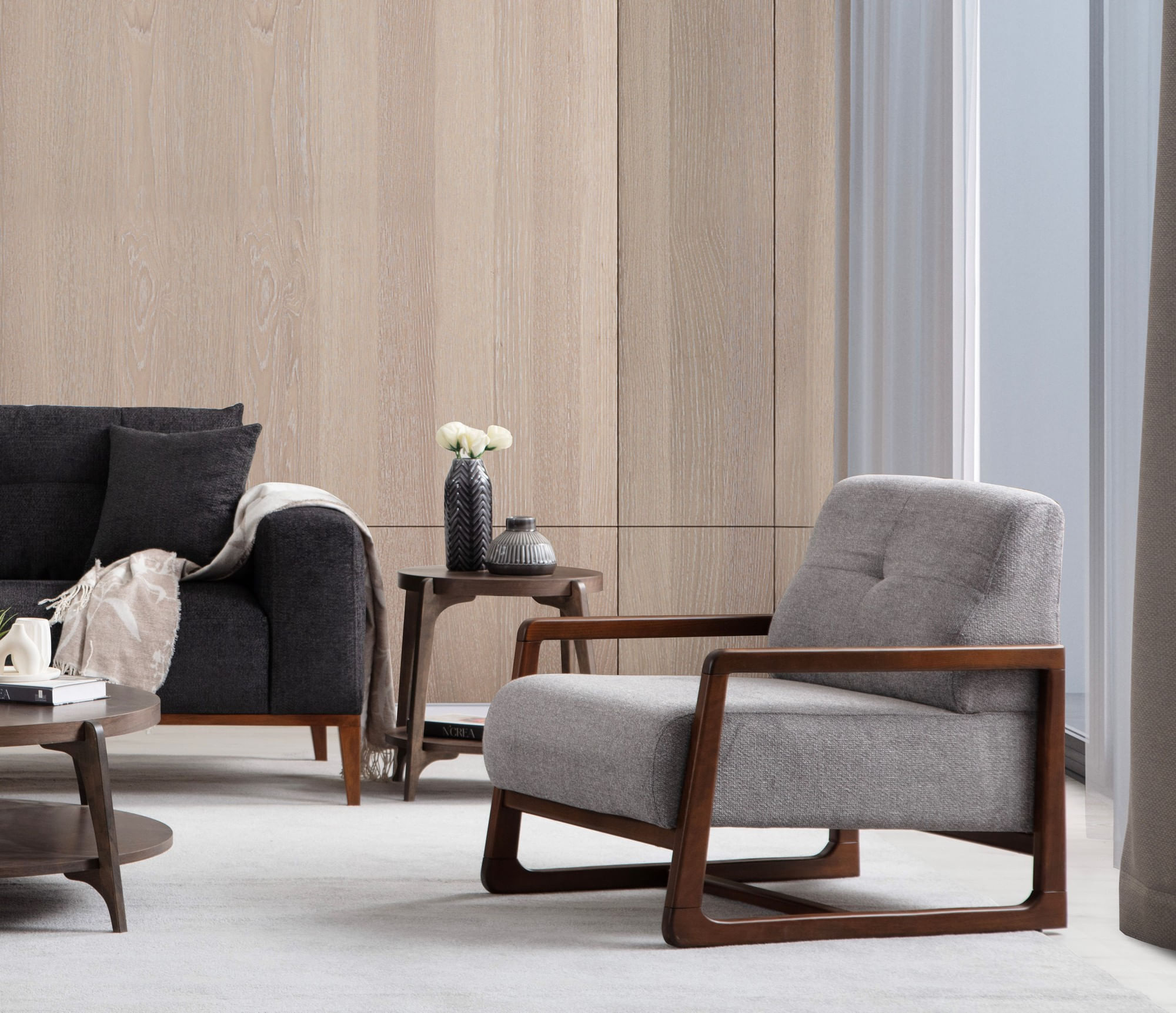 Fotoliu, Atelier Del Sofa, material textil, gri deschis, picioare lemn nuc, 67x77x80 cm — imaginea 5