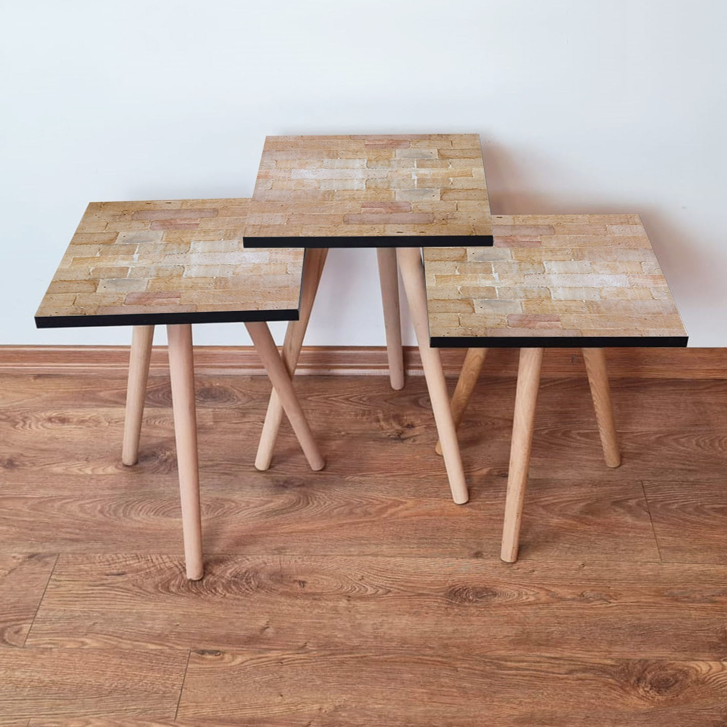 Set masute de cafea, Hanah Home, mdf, bej, picioare lemn fag, 35x35x52 cm, 481LNA2846