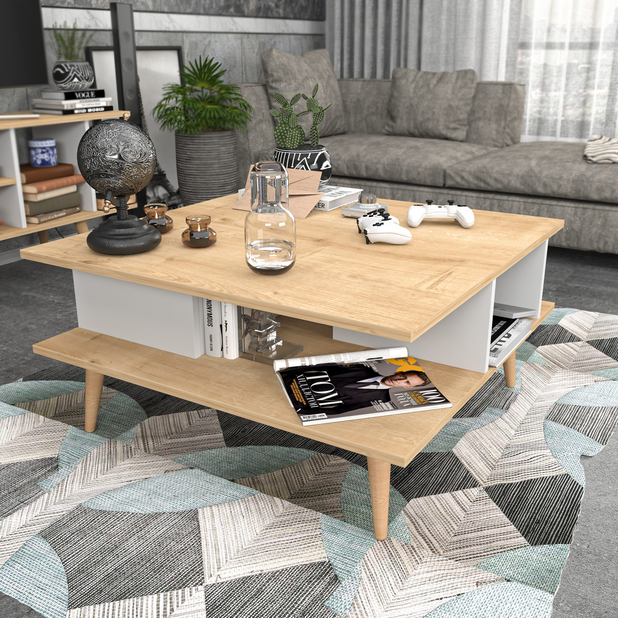 Masuta de cafea, Hanah Home, pal melaminat, stejar si alb, 89x89x44 cm — imaginea 6