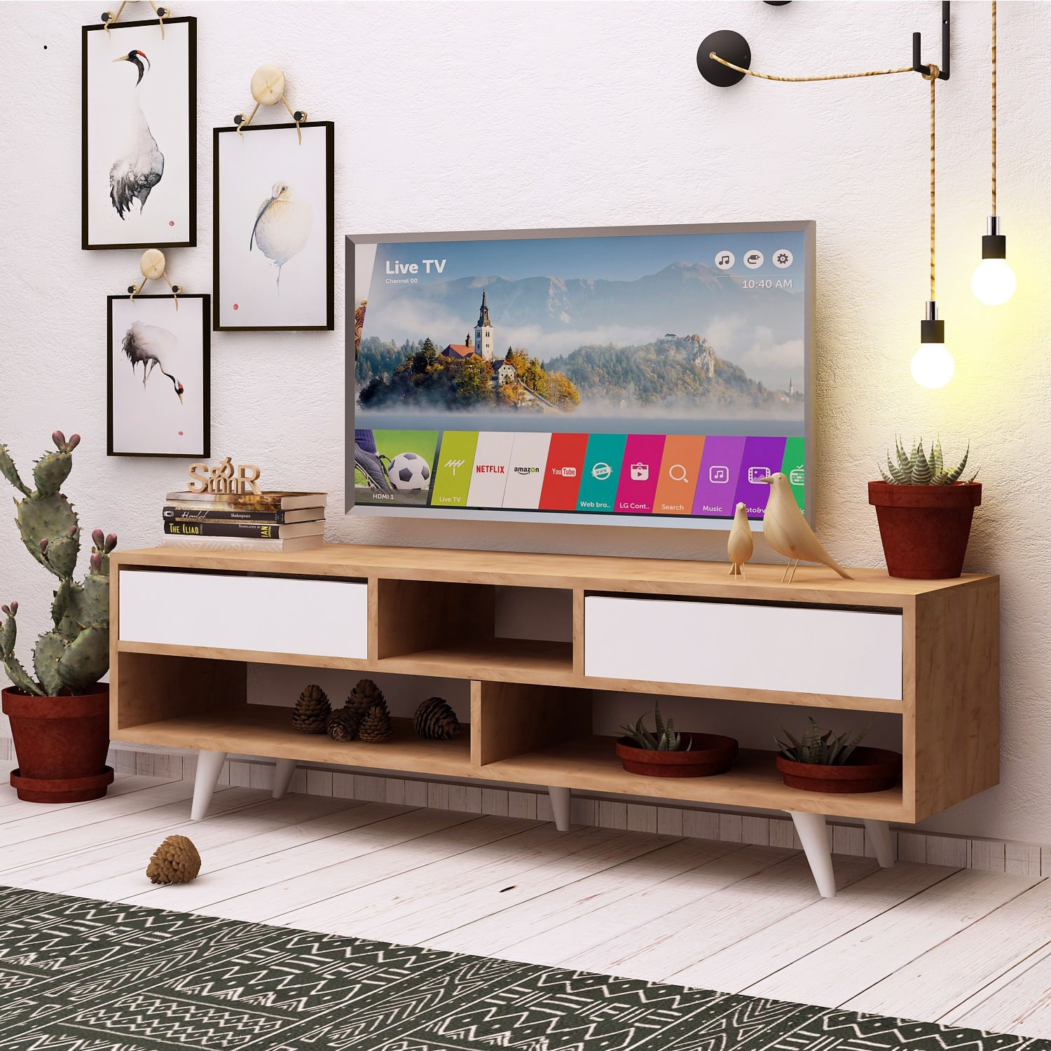 Comoda tv, Hanah Home, pal melaminat, stejar alb, 140x52x35 cm — imaginea 5