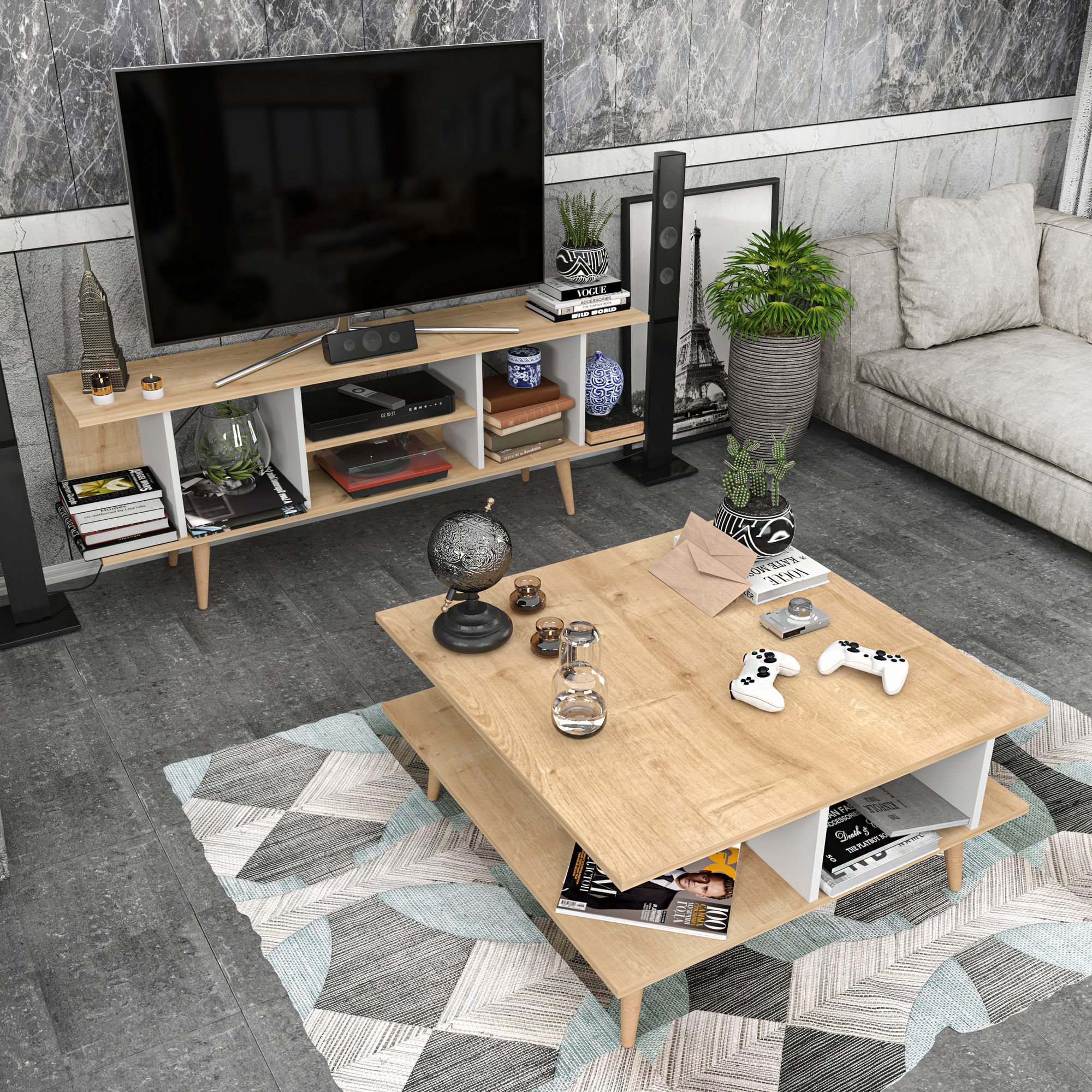 Masuta de cafea, Hanah Home, pal melaminat, stejar si alb, 89x89x44 cm — imaginea 7