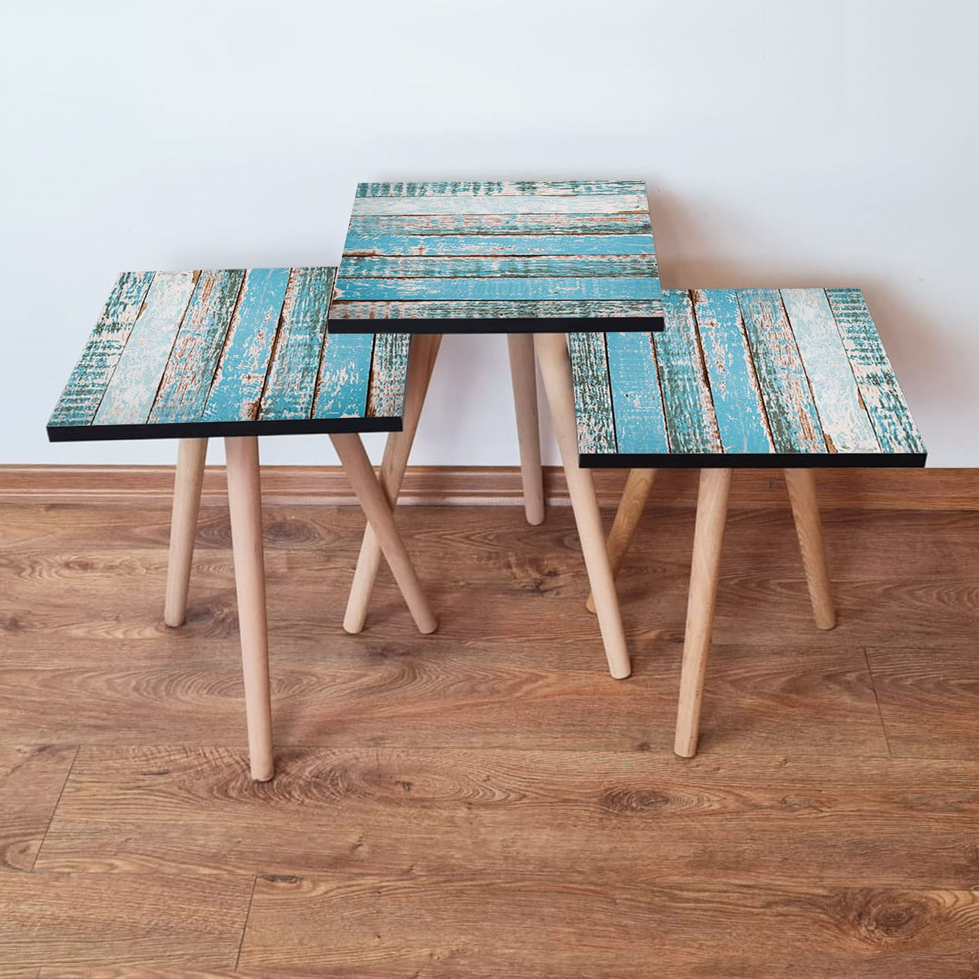 Set masute de cafea, Hanah Home, mdf, albastru alb, 35x35x52 cm, 481LNA3135