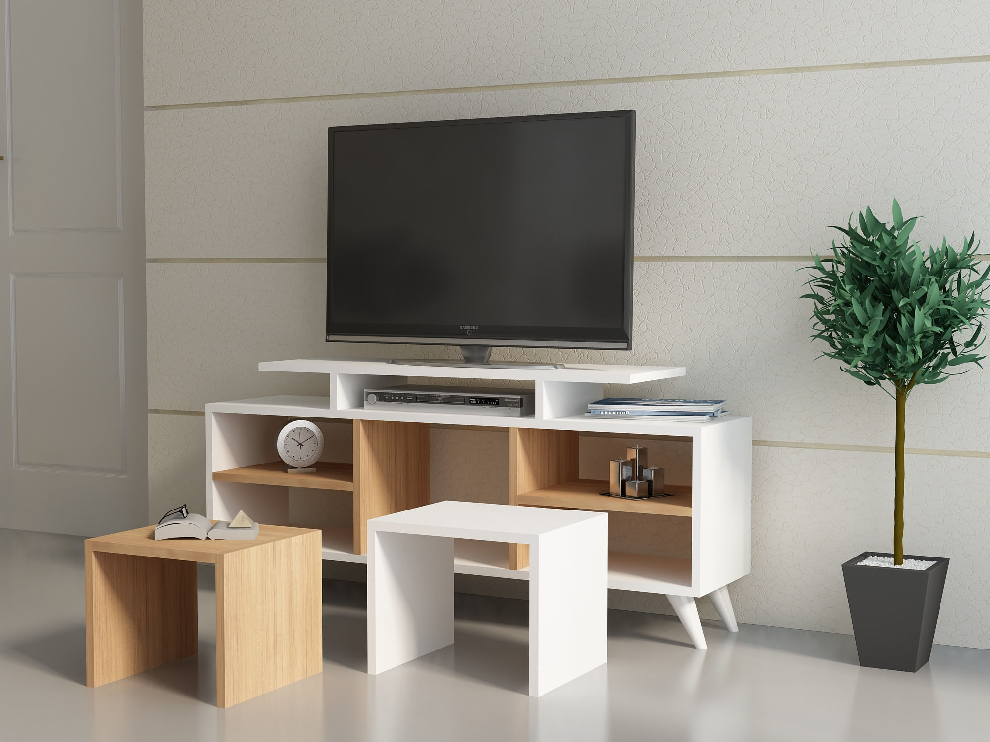 Comoda tv, Hanah Home, pal melaminat, alb si tec, 120x29.5x56.9 cm — imaginea 3