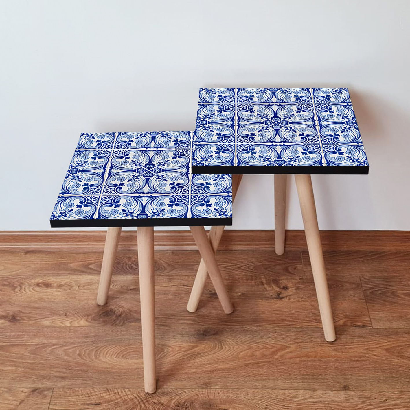 Set masute de cafea, Hanah Home, mdf, albastru marin, alb, 35x47x35 cm, 35x42x35 cm