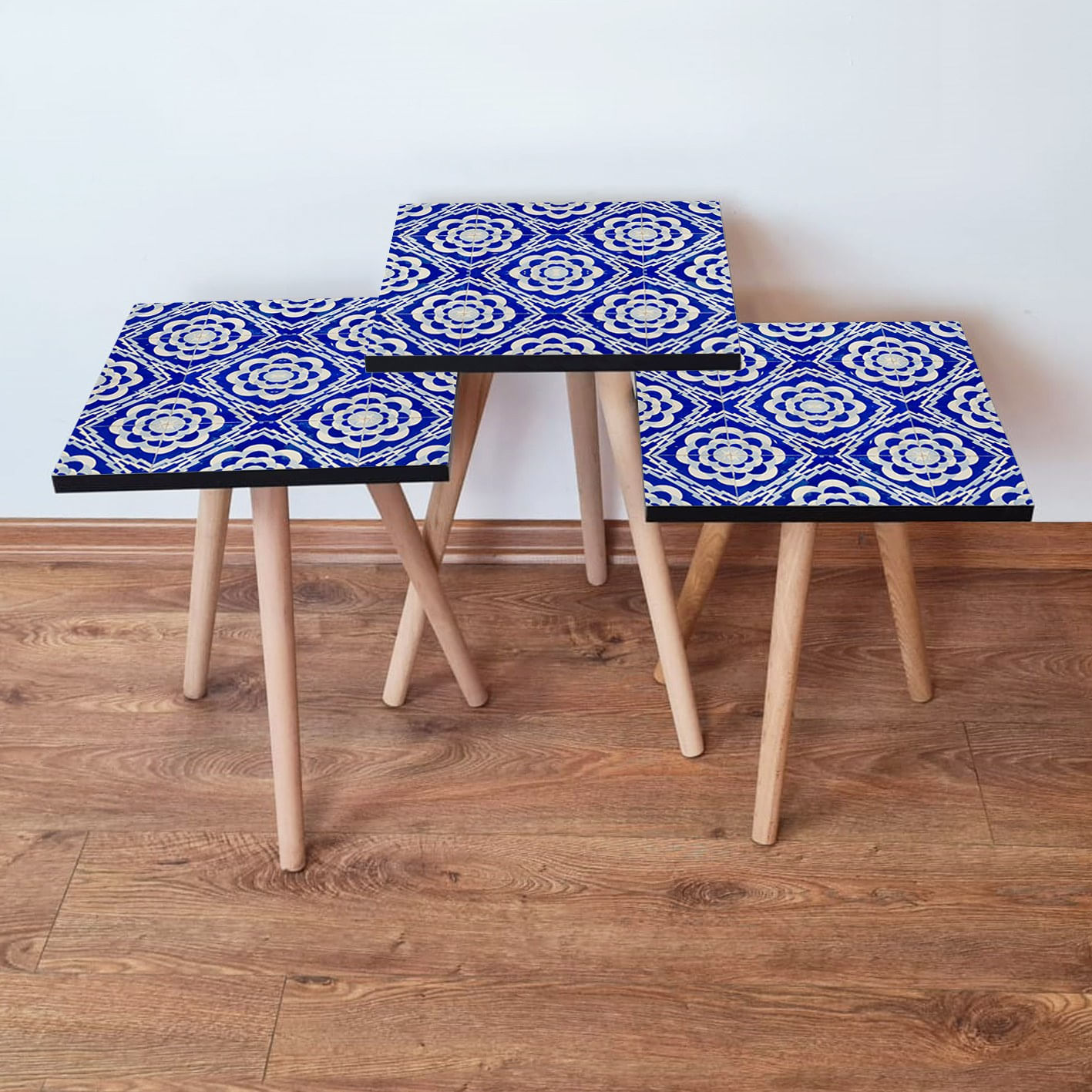 Set masute cuib, Hanah Home, mdf, albastru marin alb, 35x35x52 cm