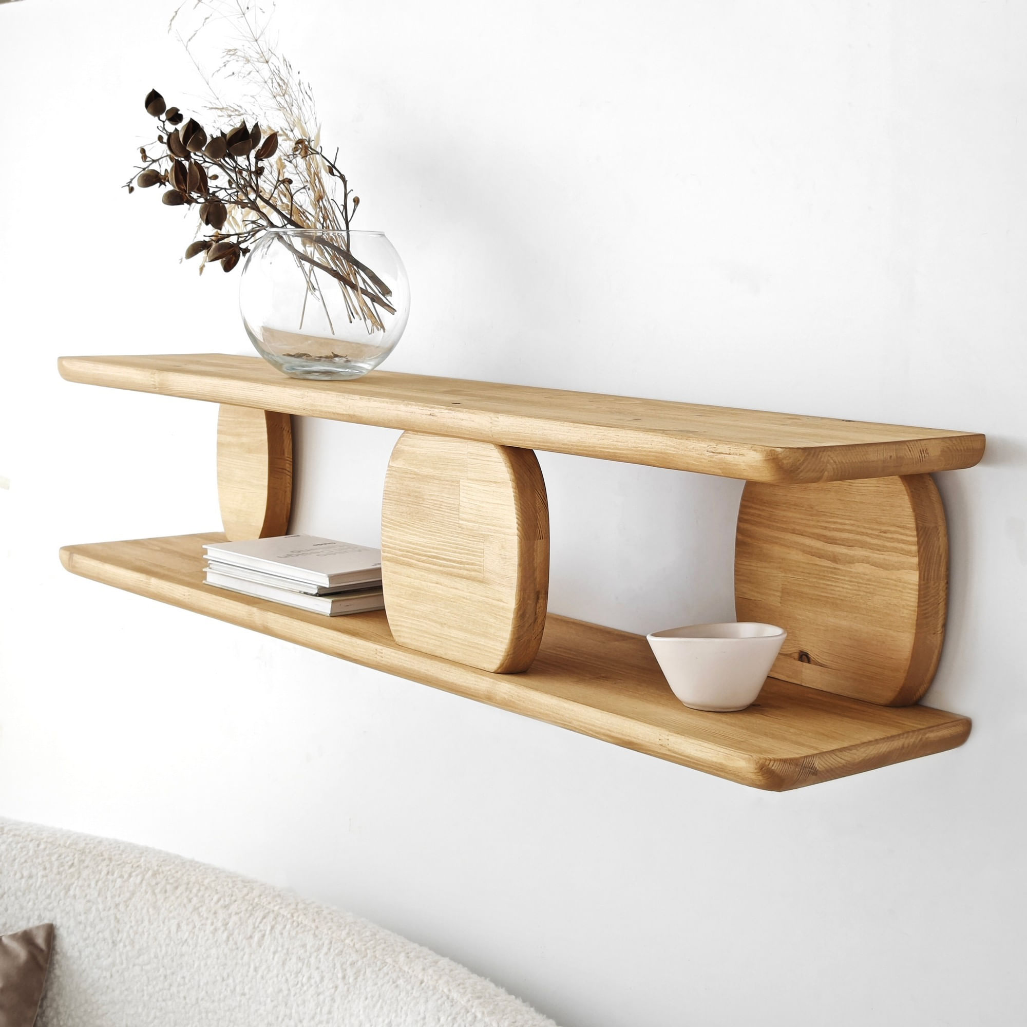Raft de perete, Hanah Home, lemn masiv, stejar, 120x30x24 cm — imaginea 2