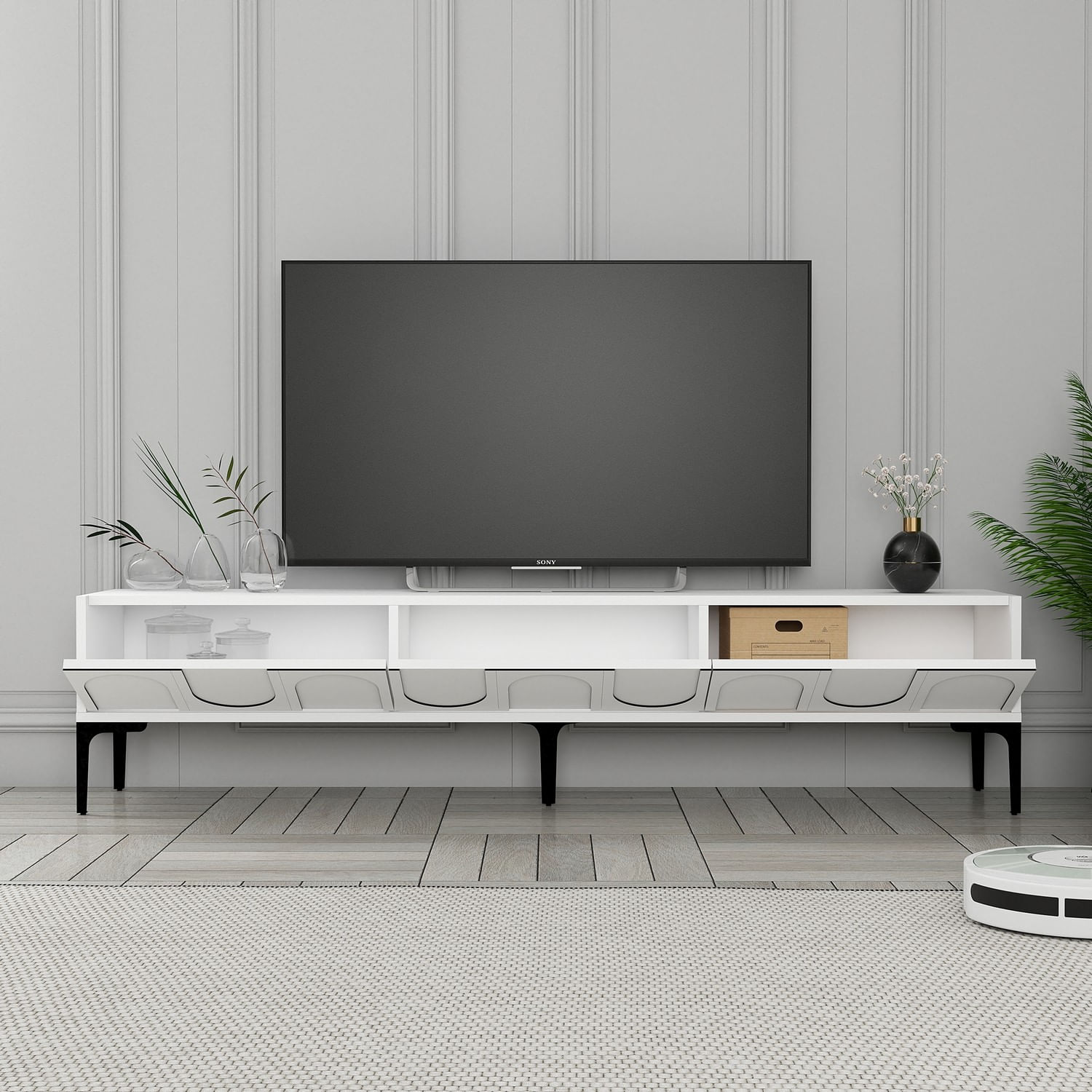 Corp tv, Hanah Home, pal melaminat, alb negru, 180x35x42 cm — imaginea 4