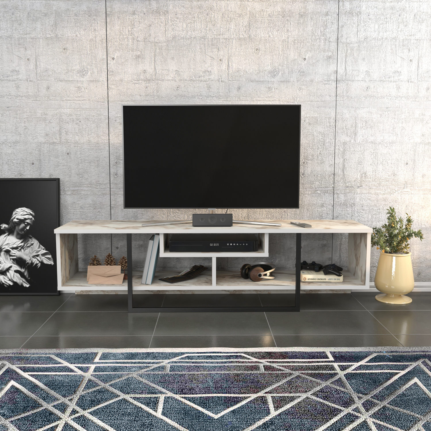 Comoda tv, Hanah Home, pal melaminat, negru alb, 150x35.2x40 cm — imaginea 3