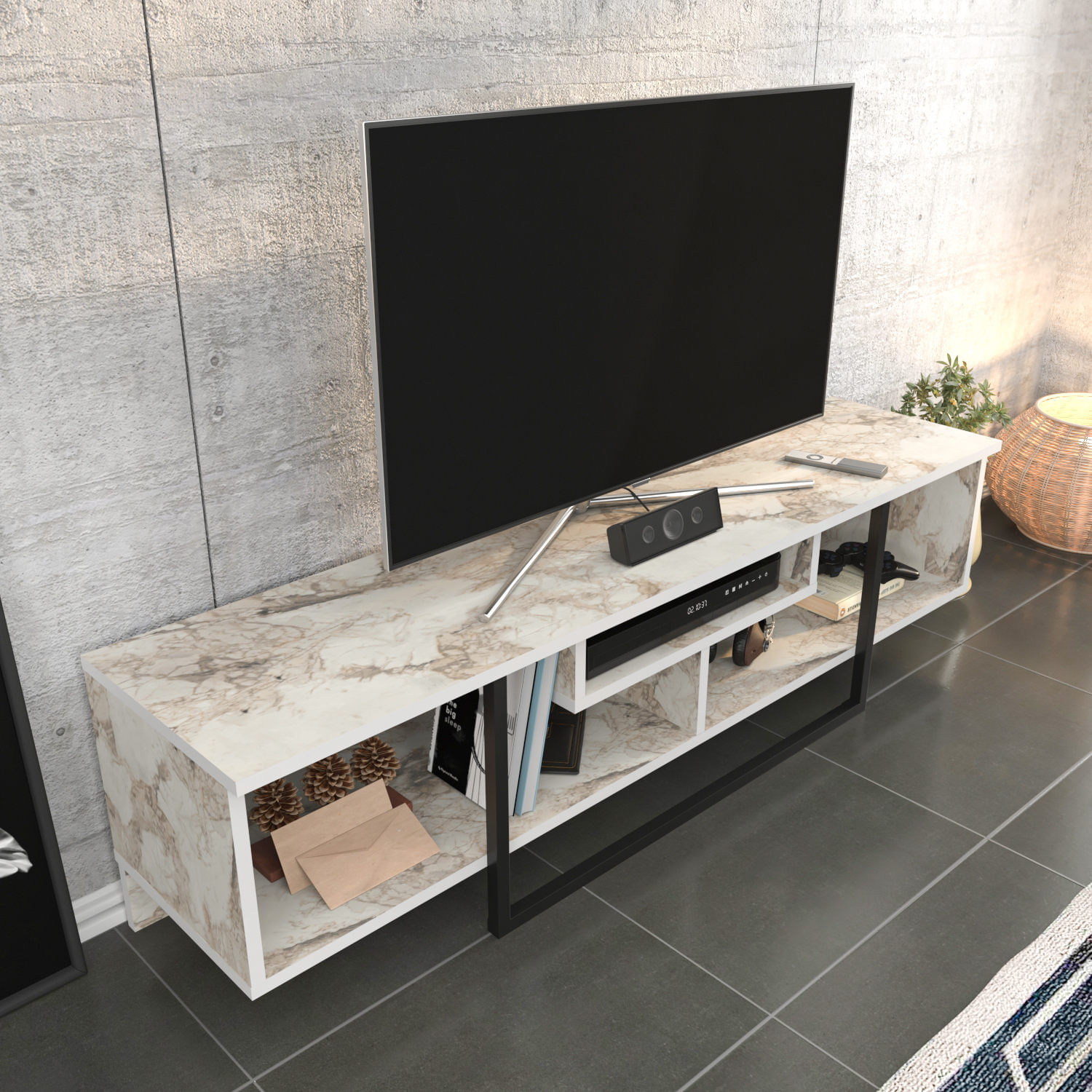 Comoda tv, Hanah Home, pal melaminat, negru alb, 150x35.2x40 cm — imaginea 4