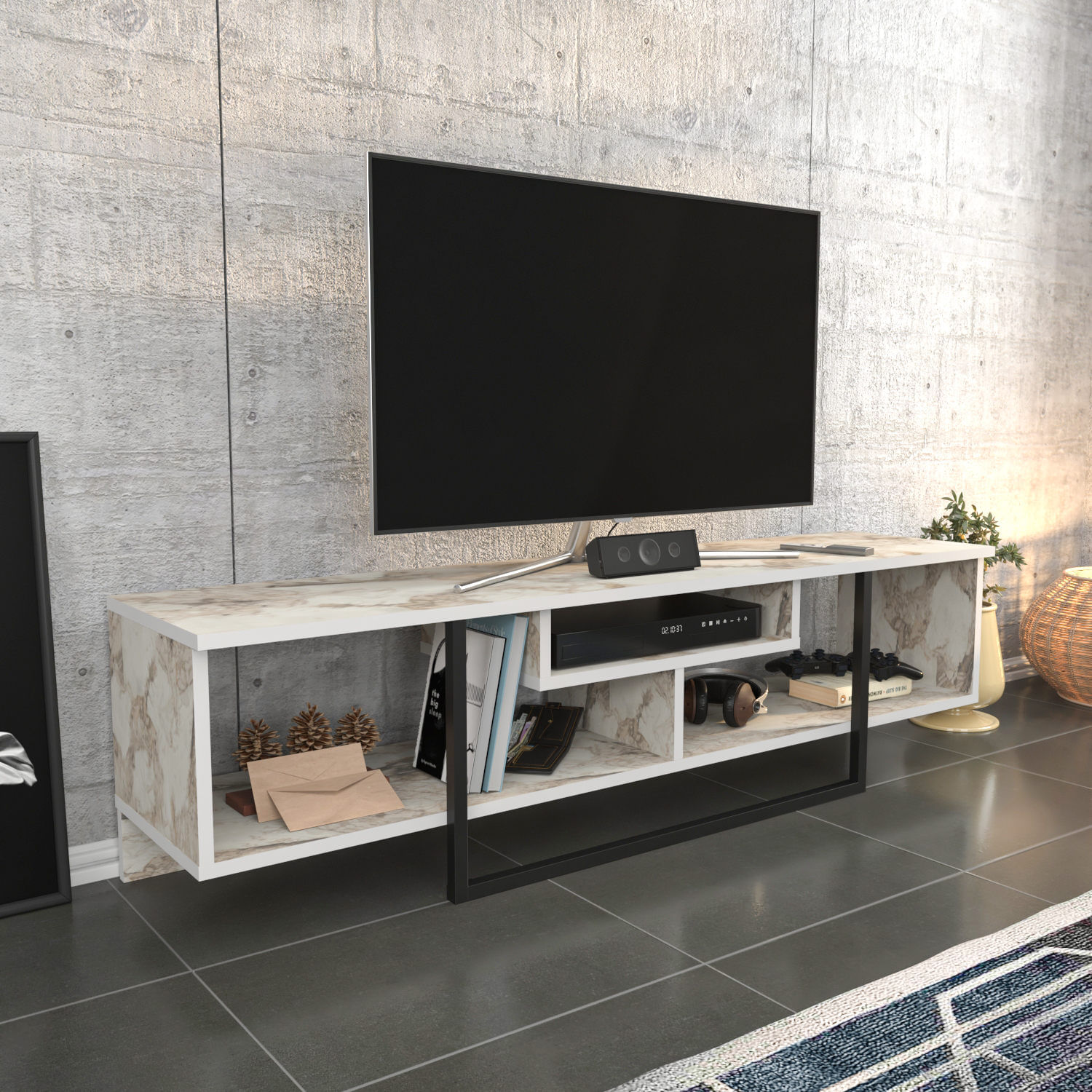 Comoda tv, Hanah Home, pal melaminat, negru alb, 150x35.2x40 cm — imaginea 6