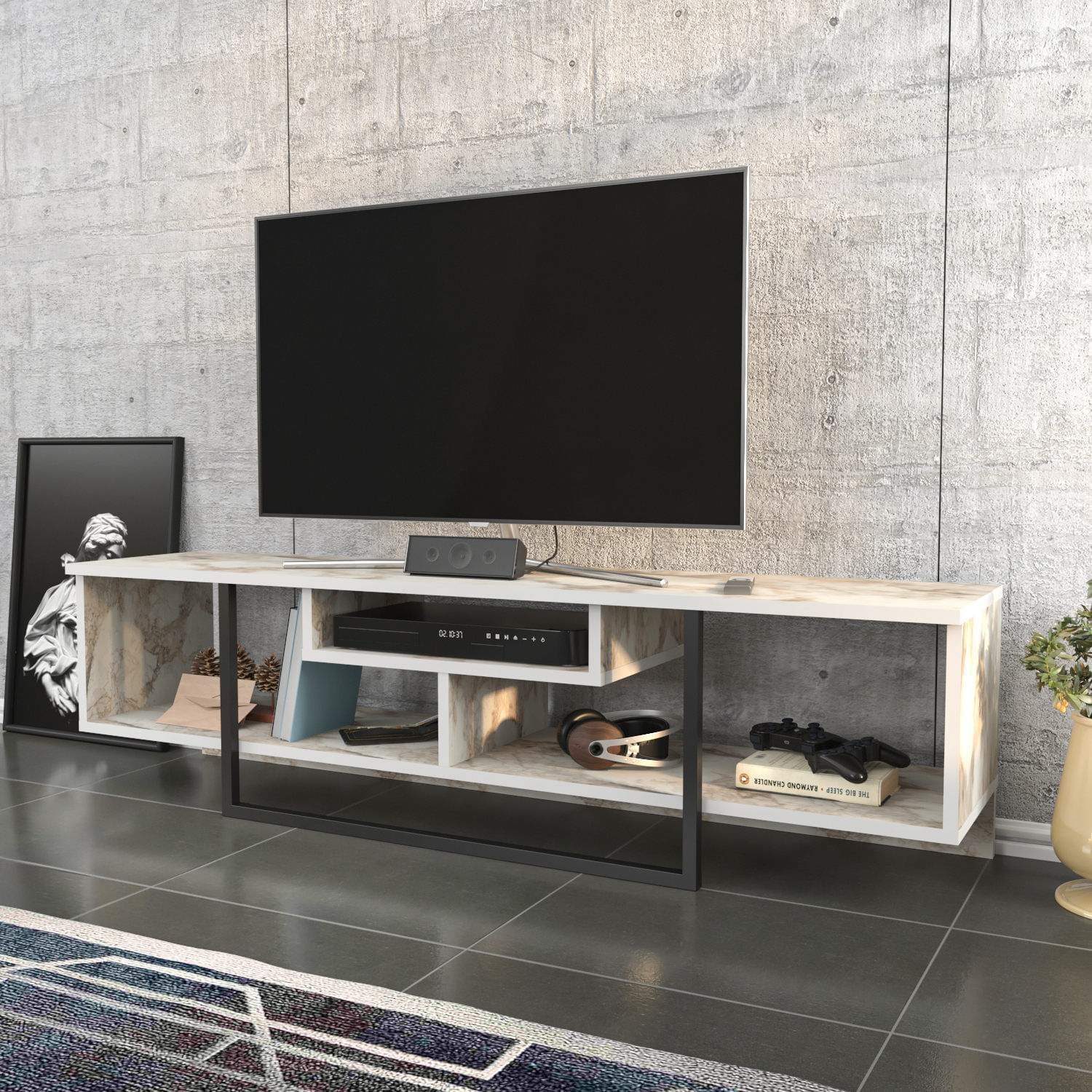Comoda tv, Hanah Home, pal melaminat, negru alb, 150x35.2x40 cm — imaginea 7