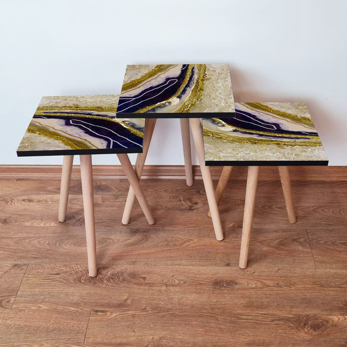 Set masute de cafea, Hanah Home, mdf, albastru marin auriu alb, 35x35x52 cm