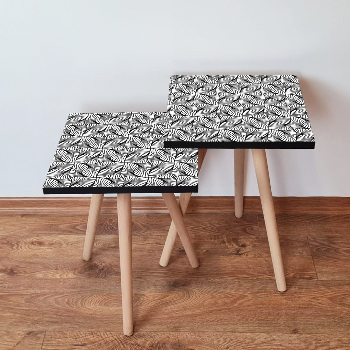 Set masute de cafea, Hanah Home, mdf, alb negru, 35x35x47 cm, picioare lemn fag