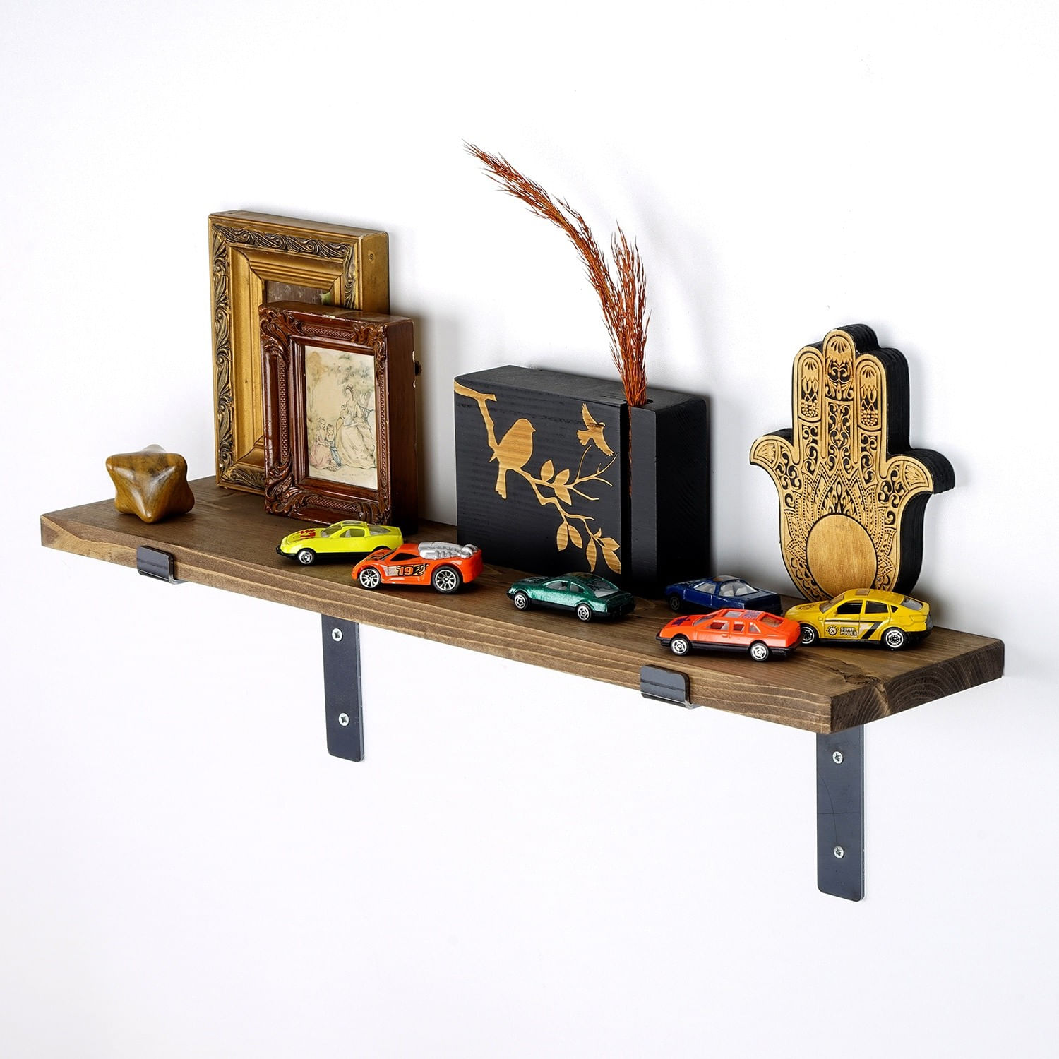 Raft de perete, Hanah Home, lemn molid, negru si nuc, 60x16x14 cm — imaginea 8
