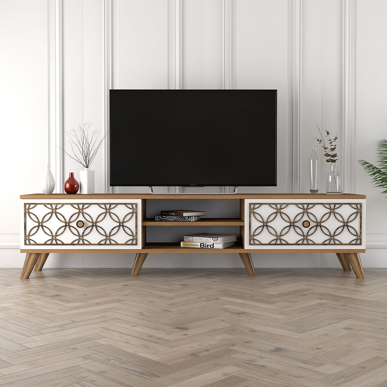 Comoda tv, Hanah Home, PAL melaminat, nuc si alb, 180x44x35 cm, 845HCT3005 — imaginea 2