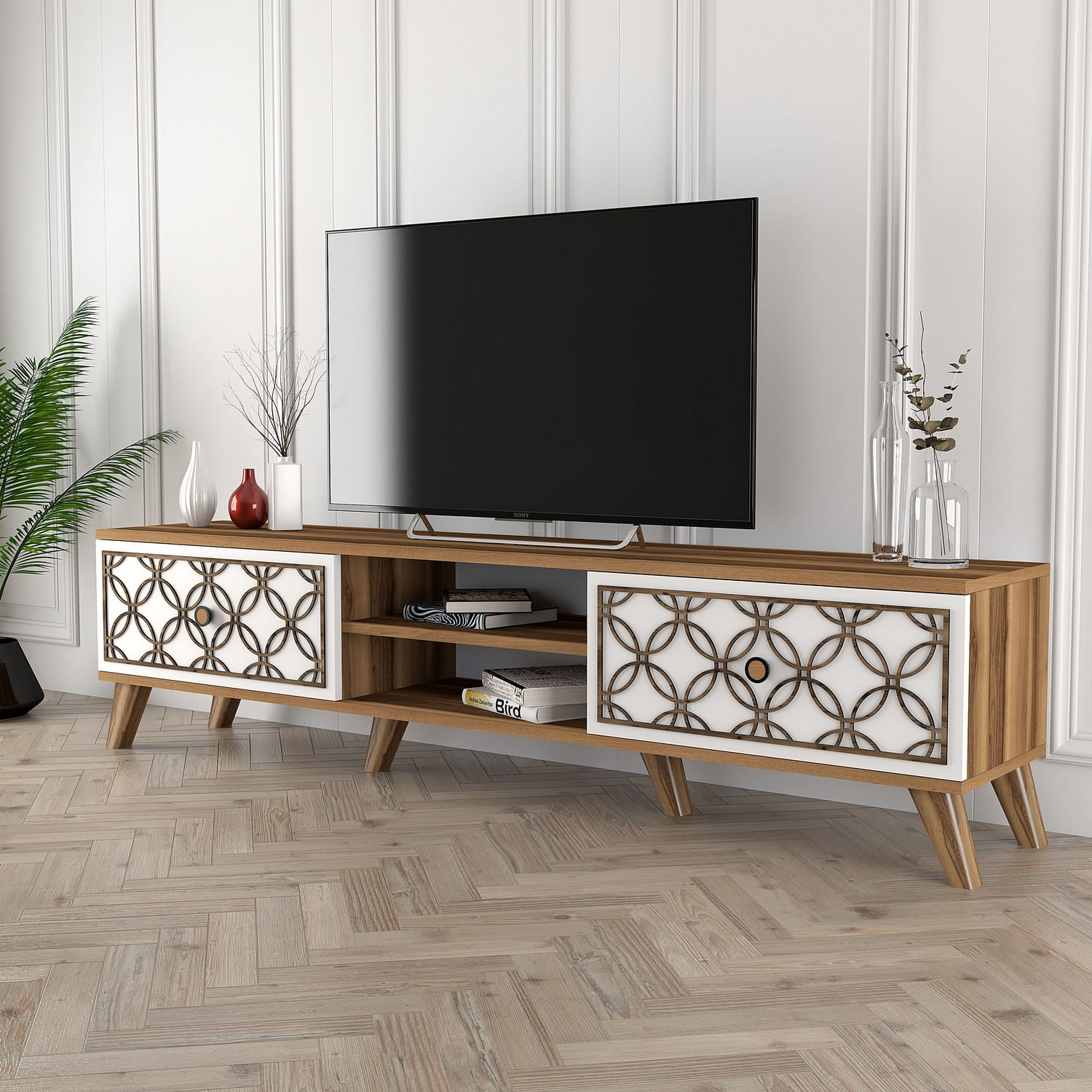 Comoda tv, Hanah Home, PAL melaminat, nuc si alb, 180x44x35 cm, 845HCT3005 — imaginea 3