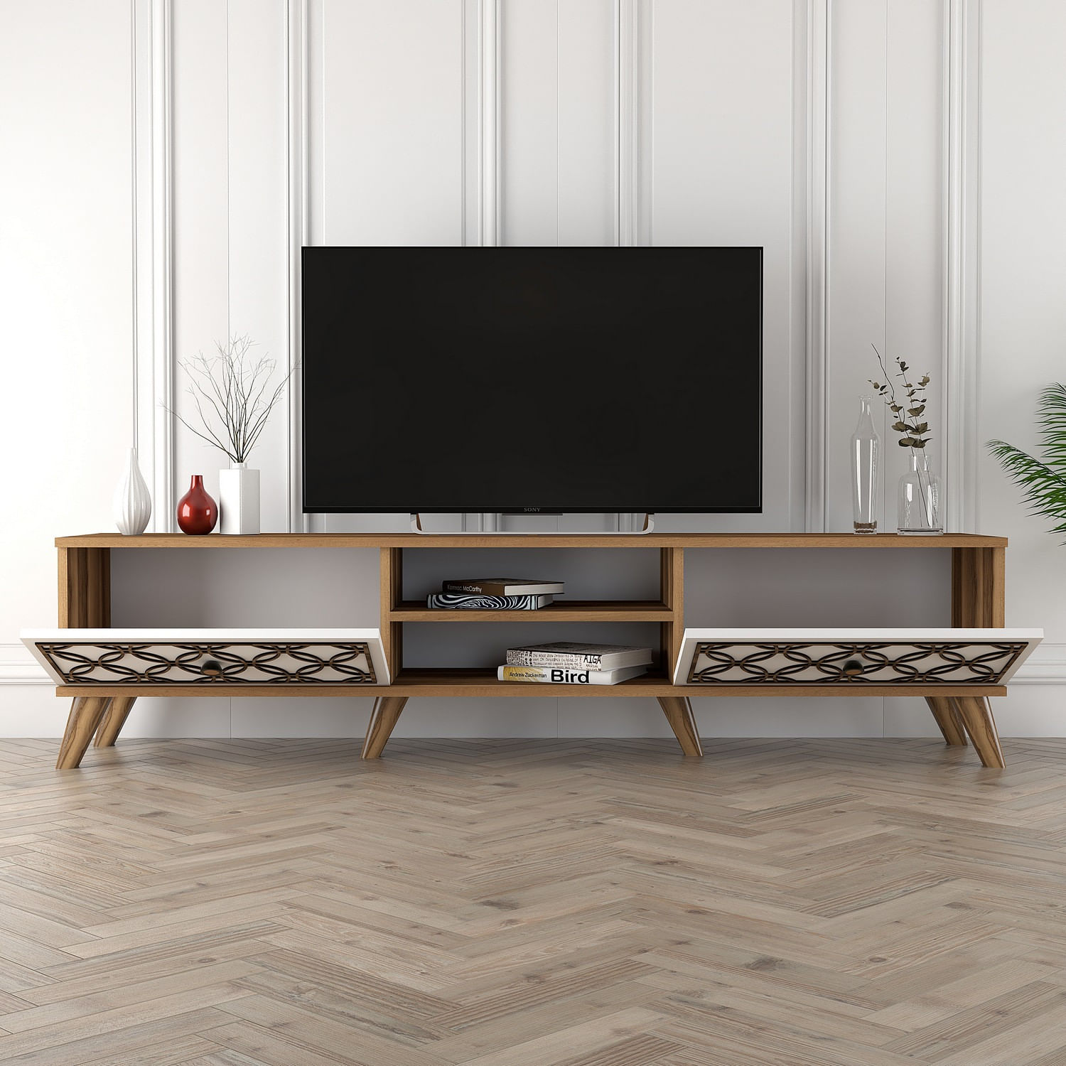 Comoda tv, Hanah Home, PAL melaminat, nuc si alb, 180x44x35 cm, 845HCT3005 — imaginea 4