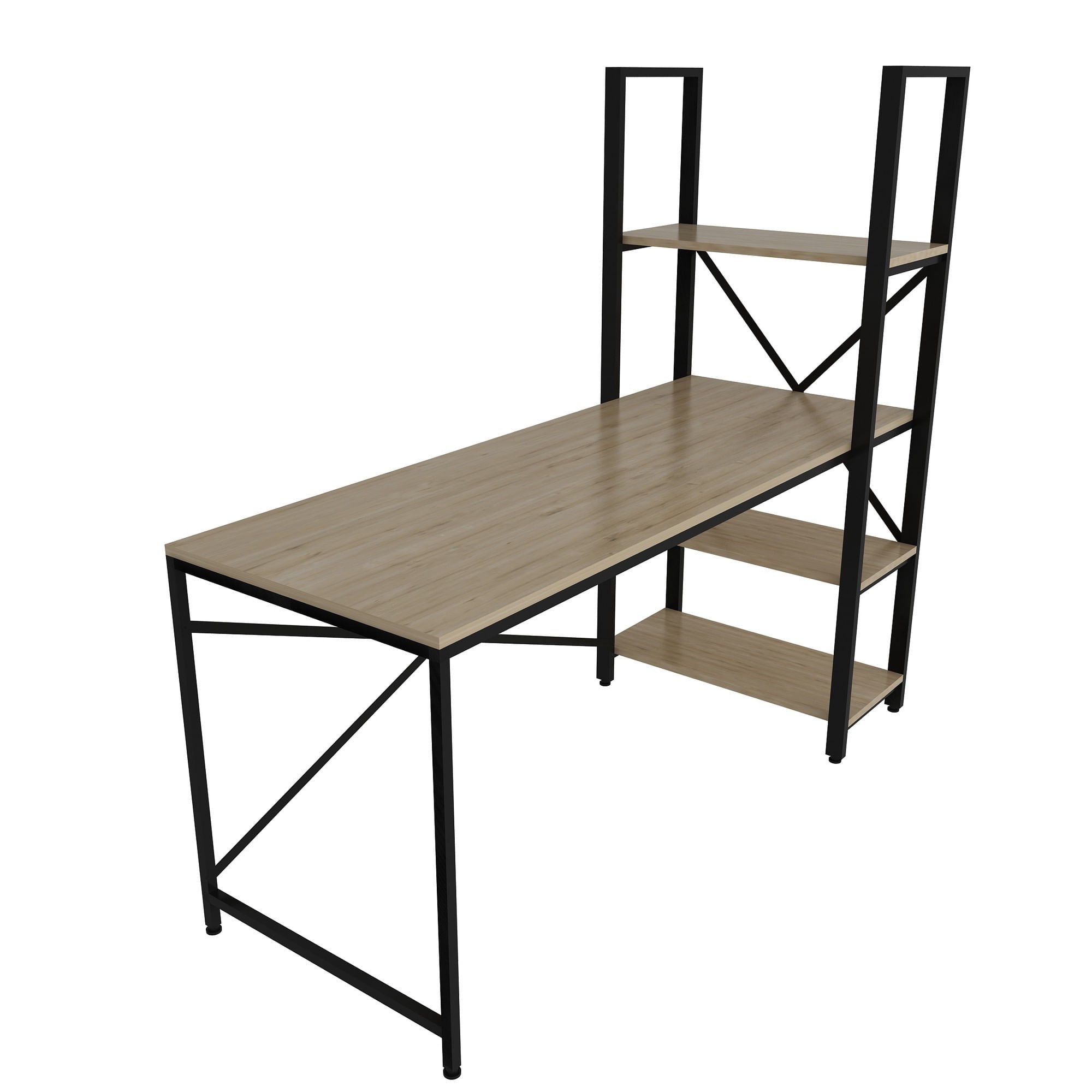 Birou cu rafturi, Hanah Home, pal melaminat, stejar si negru, 160x148x60 cm — imaginea 3