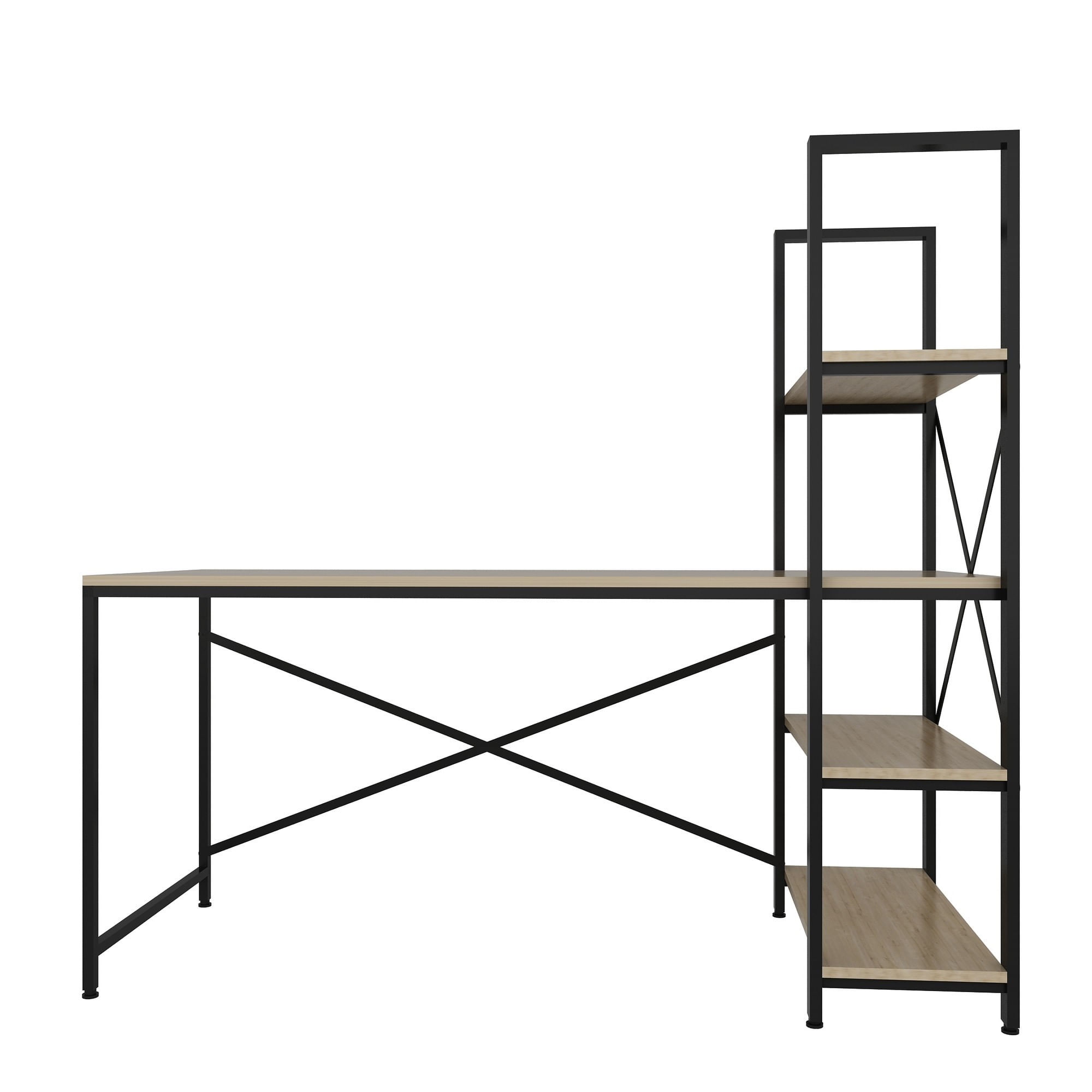 Birou cu rafturi, Hanah Home, pal melaminat, stejar si negru, 160x148x60 cm — imaginea 4
