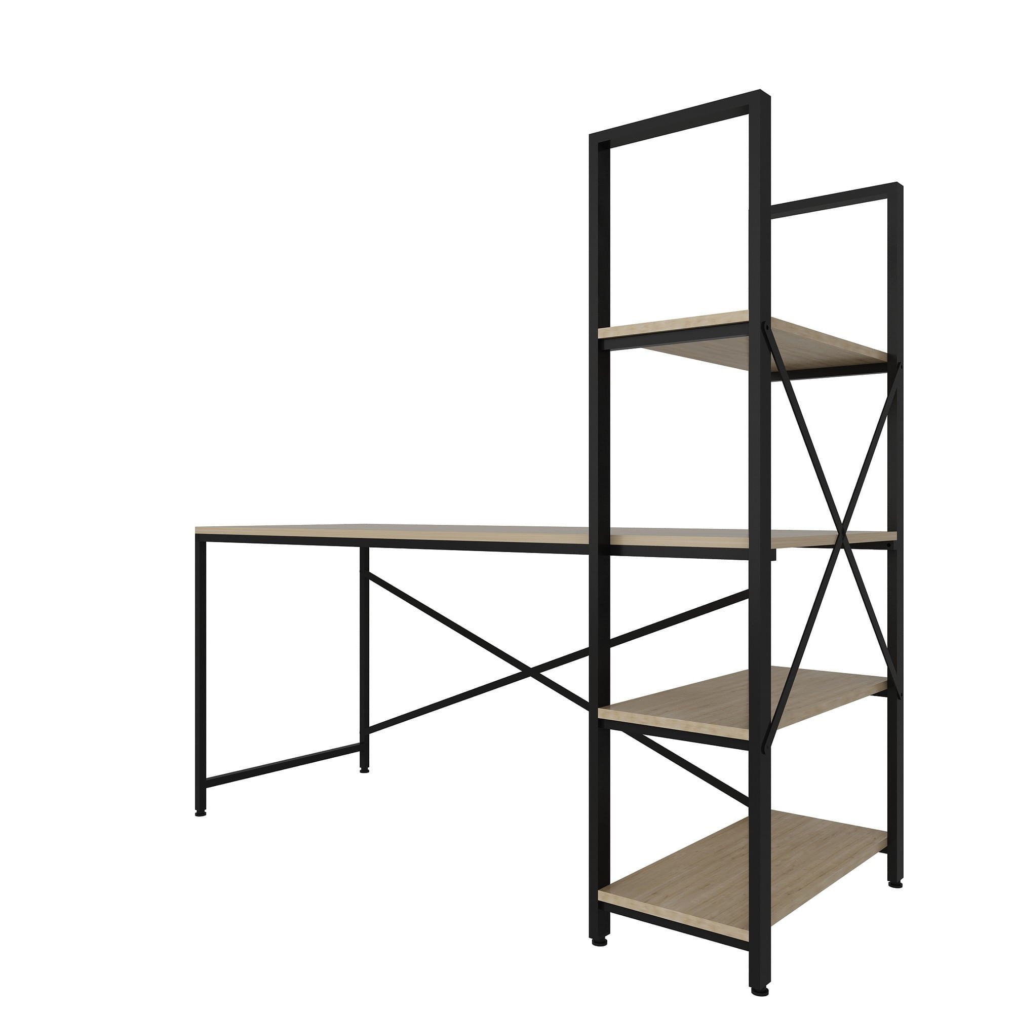 Birou cu rafturi, Hanah Home, pal melaminat, stejar si negru, 160x148x60 cm — imaginea 6