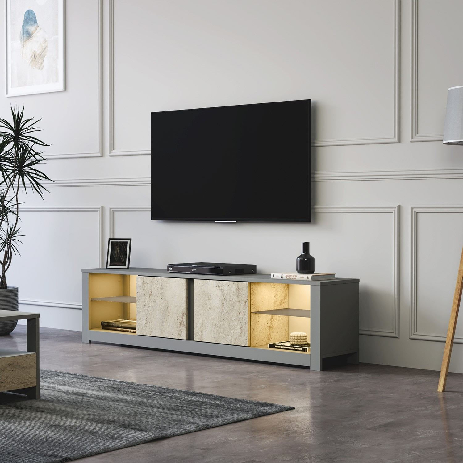 Comoda tv, Hanah Home, pal melaminat, gri si travertin, 180x45x35 cm — imaginea 6