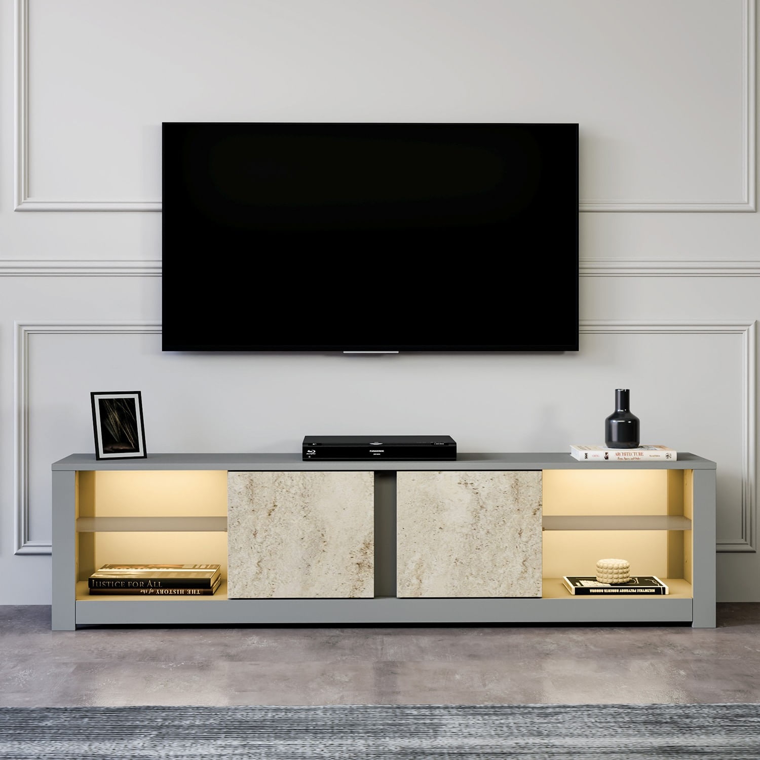 Comoda tv, Hanah Home, pal melaminat, gri si travertin, 180x45x35 cm — imaginea 7