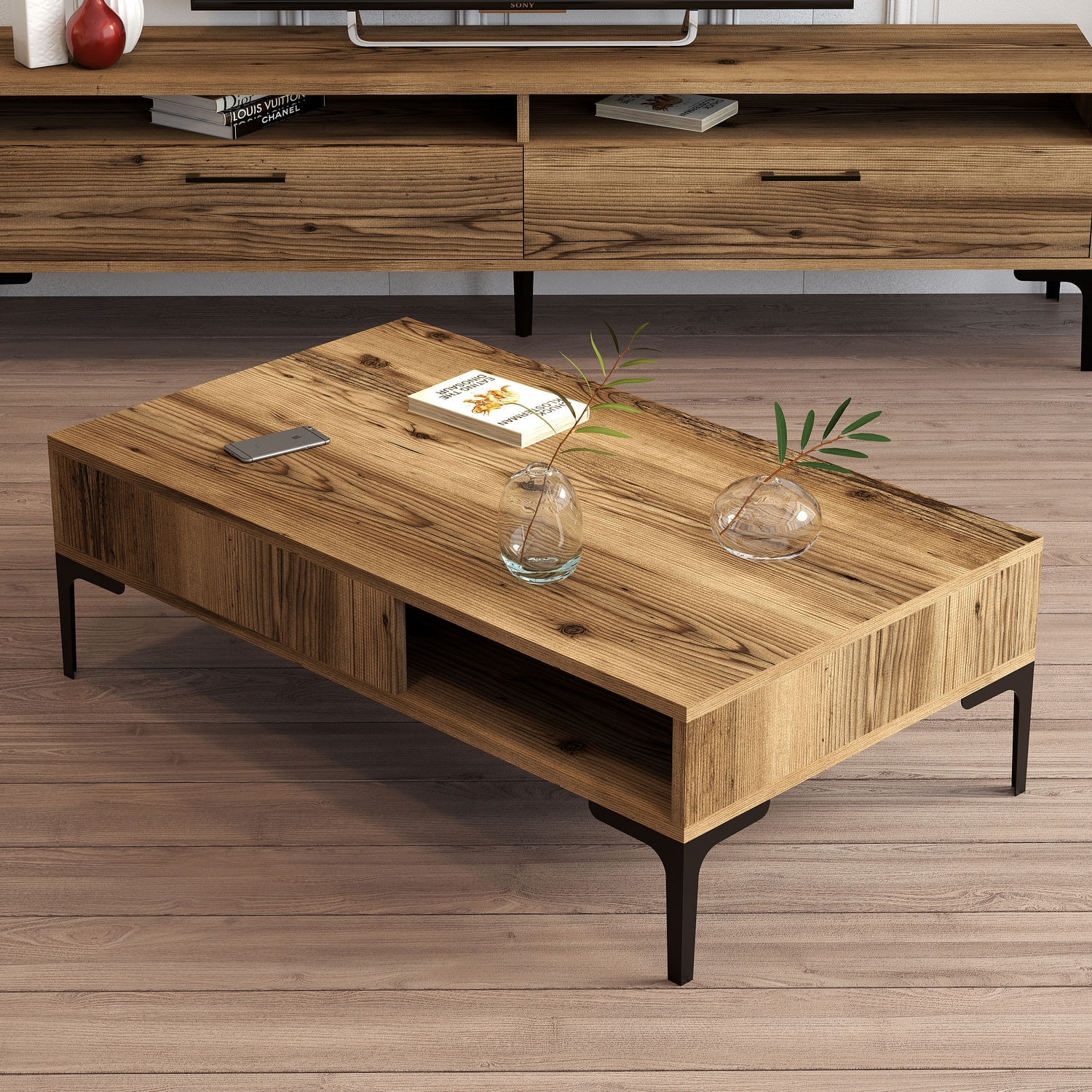Masuta de cafea, Hanah Home, panou din particule acoperit cu melamina, nuc, 105x60x32.6 cm — imaginea 4
