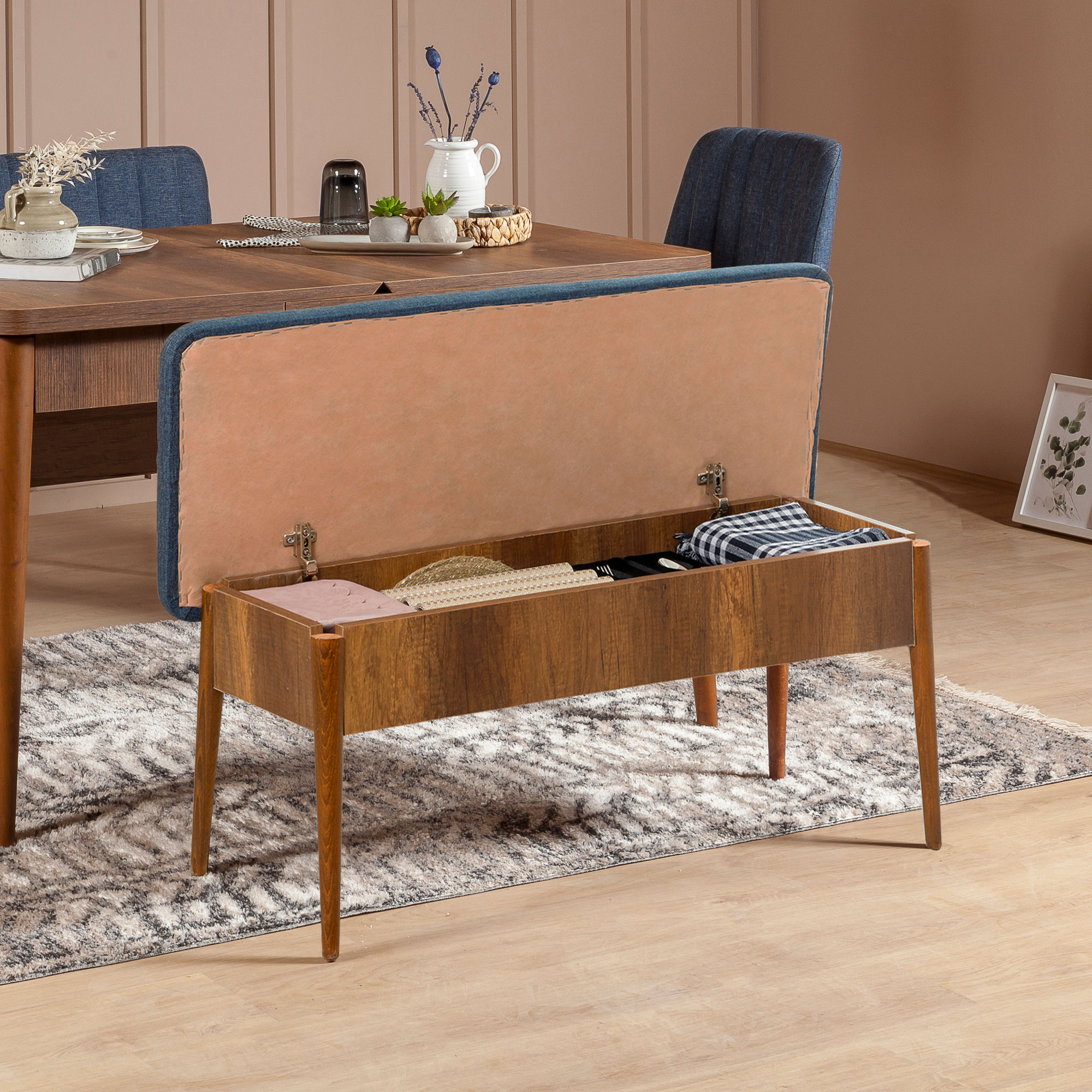 Banca cu spatiu de depozitare, Hanah Home, panou aglomerat melaminat, nuc si albastru inchis, 110x40x85 cm - imagine 4