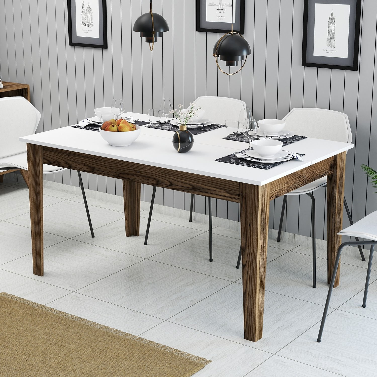 Masa de dining, Hanah Home, pal melaminat, nuc si alb, 145x88x75 cm — imaginea 4