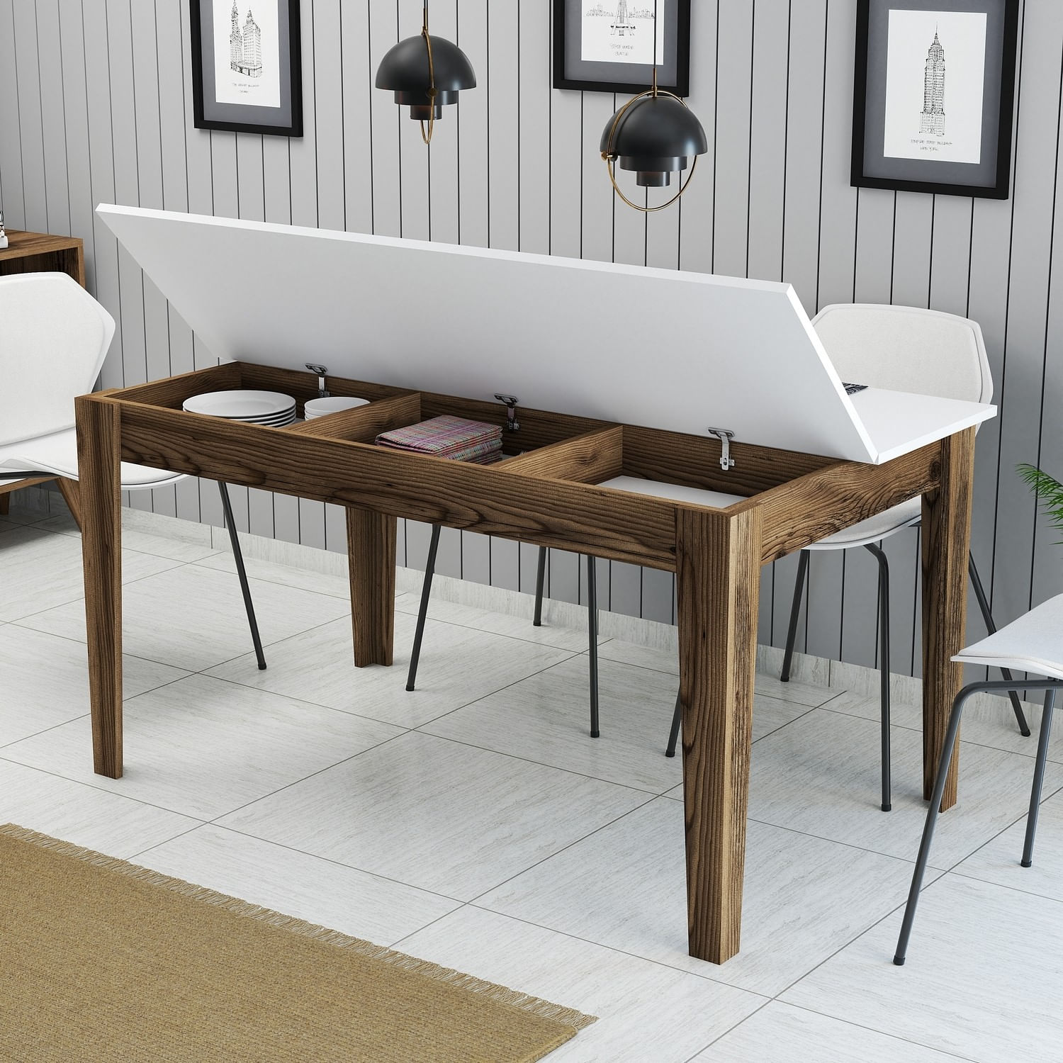 Masa de dining, Hanah Home, pal melaminat, nuc si alb, 145x88x75 cm — imaginea 6