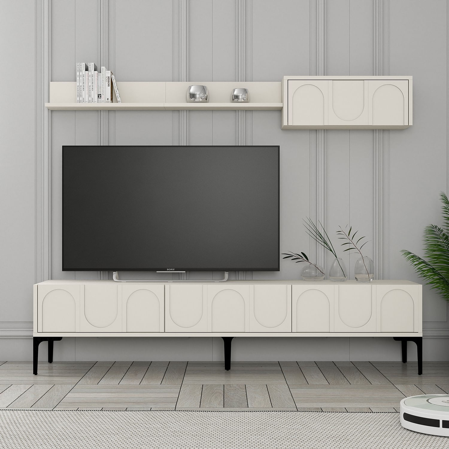 Comoda tv, Hanah Home, pal melaminat, crem si negru, 180x42x35 cm — imaginea 3