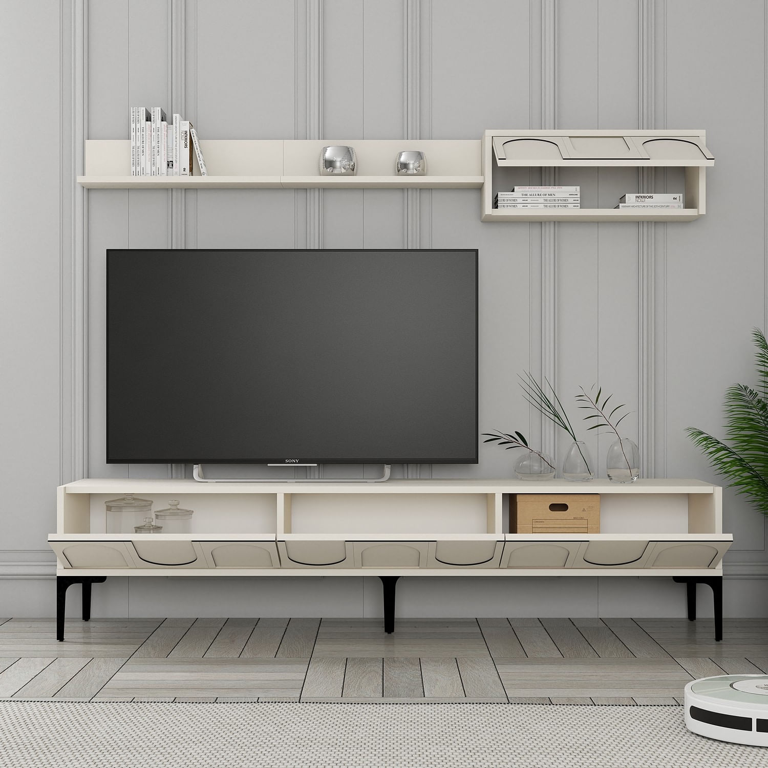 Comoda tv, Hanah Home, pal melaminat, crem si negru, 180x42x35 cm — imaginea 5