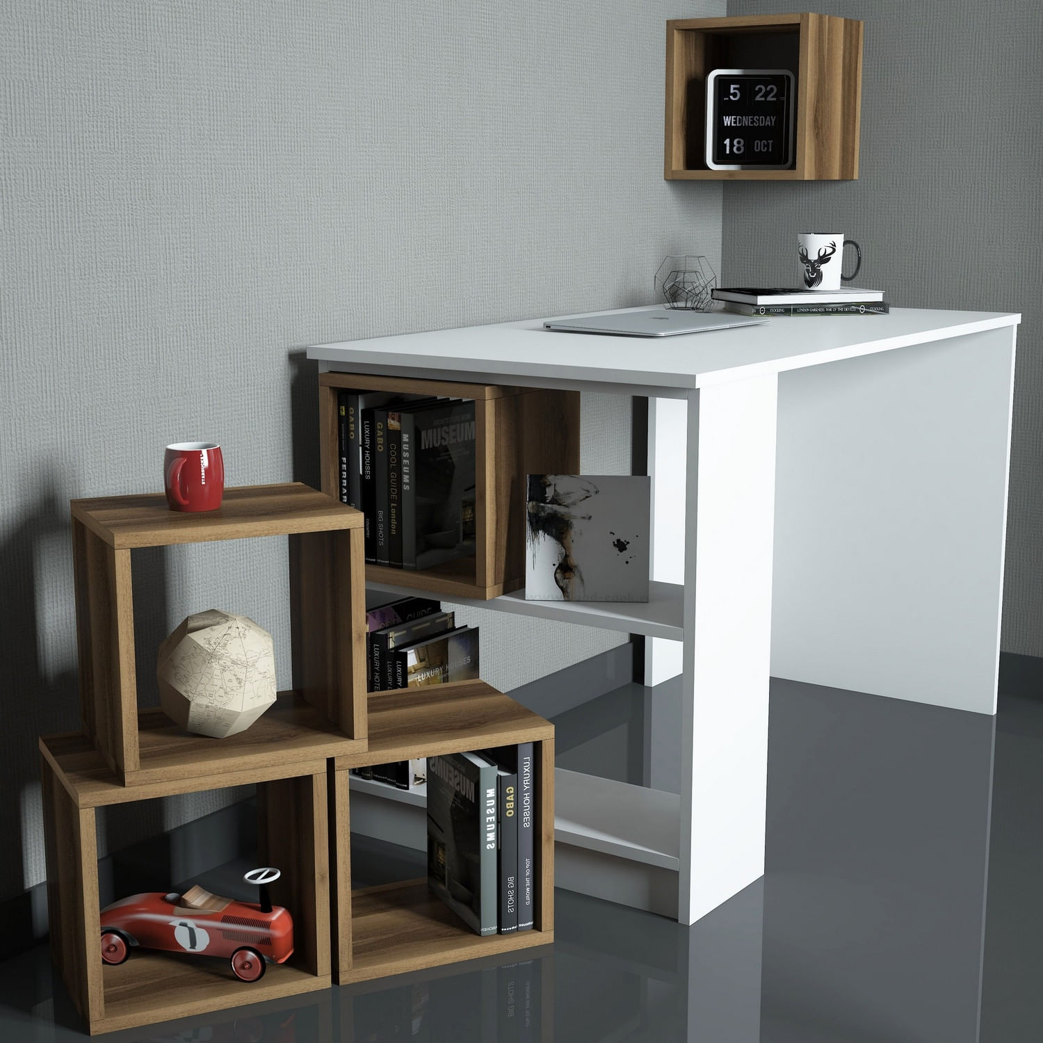 Birou, Hanah Home, pal melaminat, alb si nuc, 120x65x75 cm