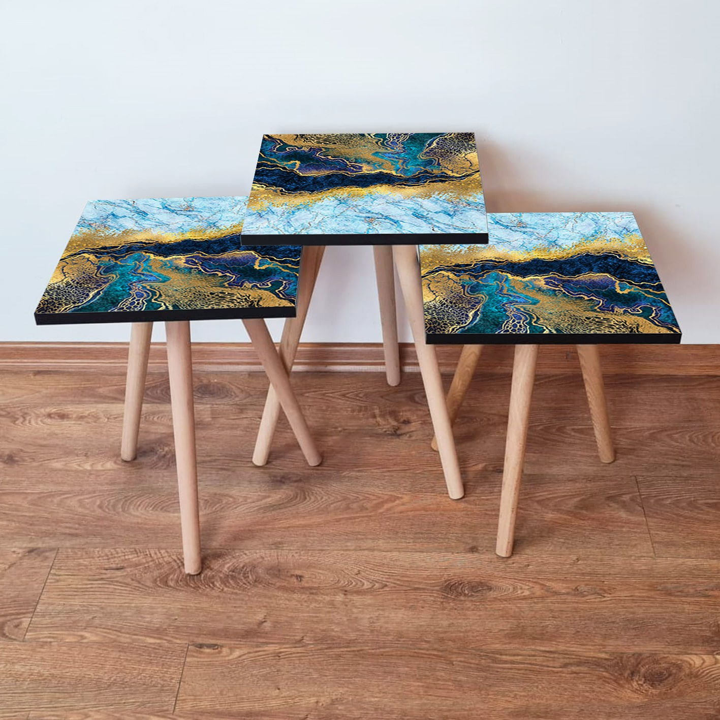 Set masute de cafea, Hanah Home, mdf, albastru marin, auriu, alb, 35x35x52 cm, picioare lemn fag