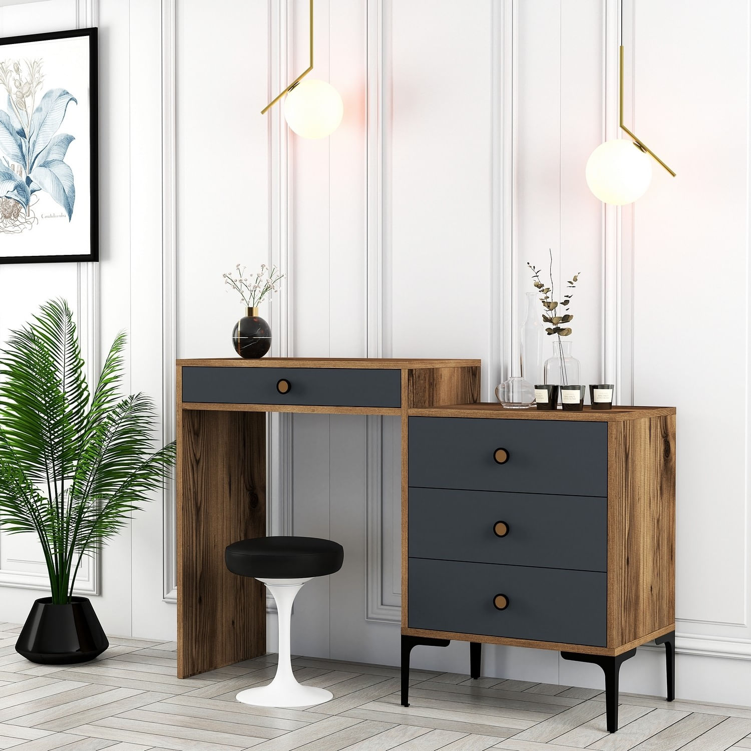 Masa de machiaj, Hanah Home, panou aglomerat cu melamina, nuc si antracit, 124x40x84.7 cm — imaginea 2