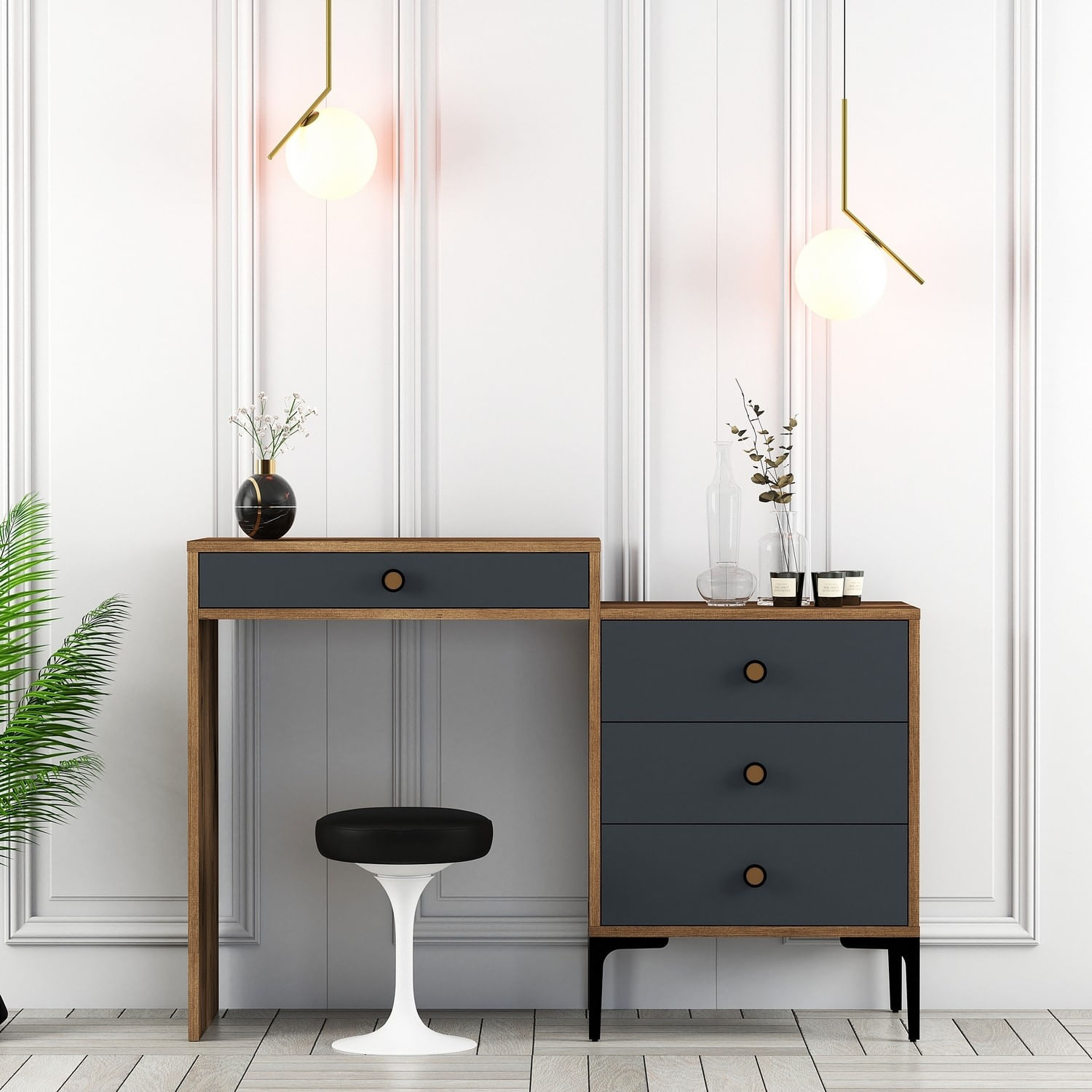 Masa de machiaj, Hanah Home, panou aglomerat cu melamina, nuc si antracit, 124x40x84.7 cm — imaginea 4