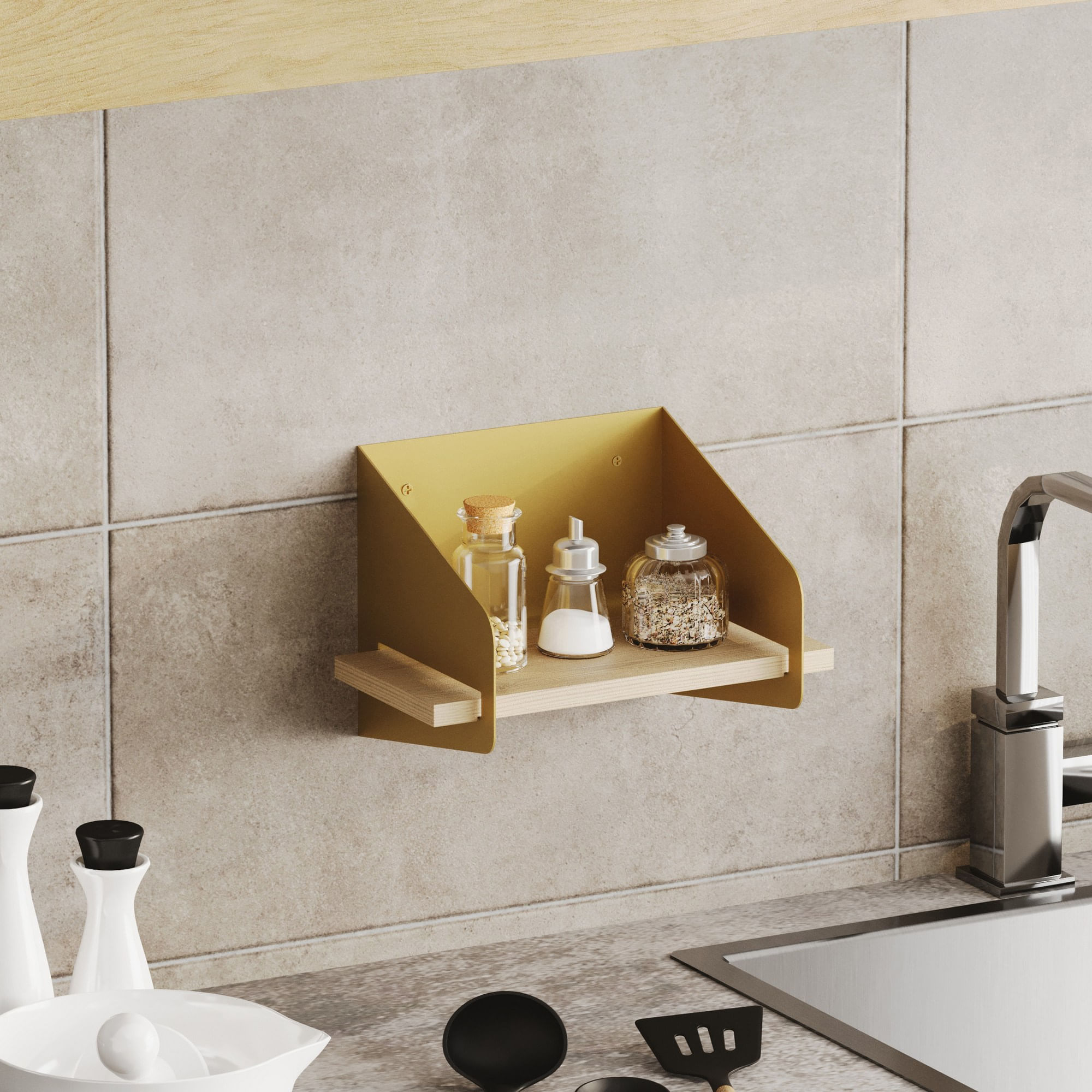 Raft de perete, Hanah Home, lemn, auriu, 30x20x19 cm — imaginea 2